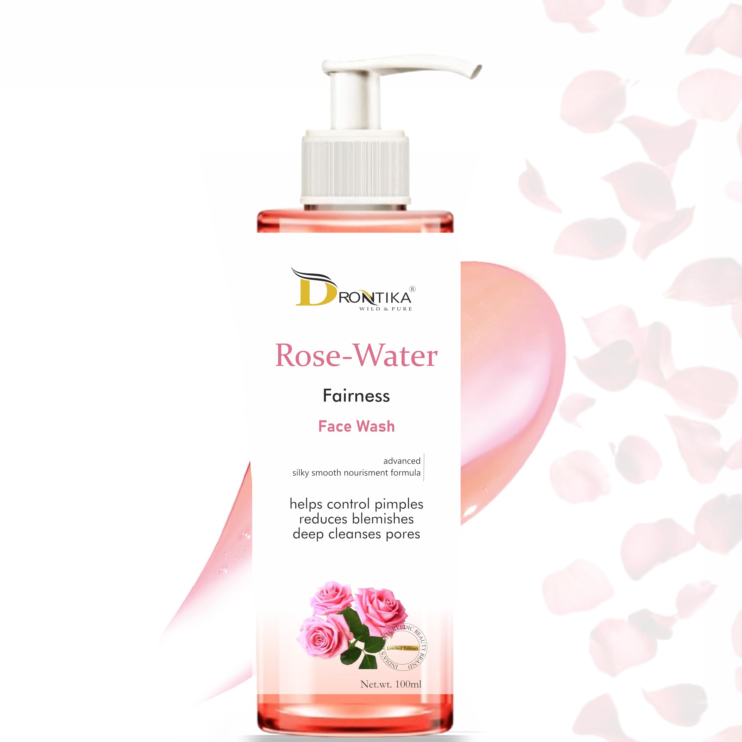 Drontika Wild & Pure Rose Water Fairness Face Wash  Brightening & Hydrating Cleanser For Radiant, Even Skin Tone 100Ml.