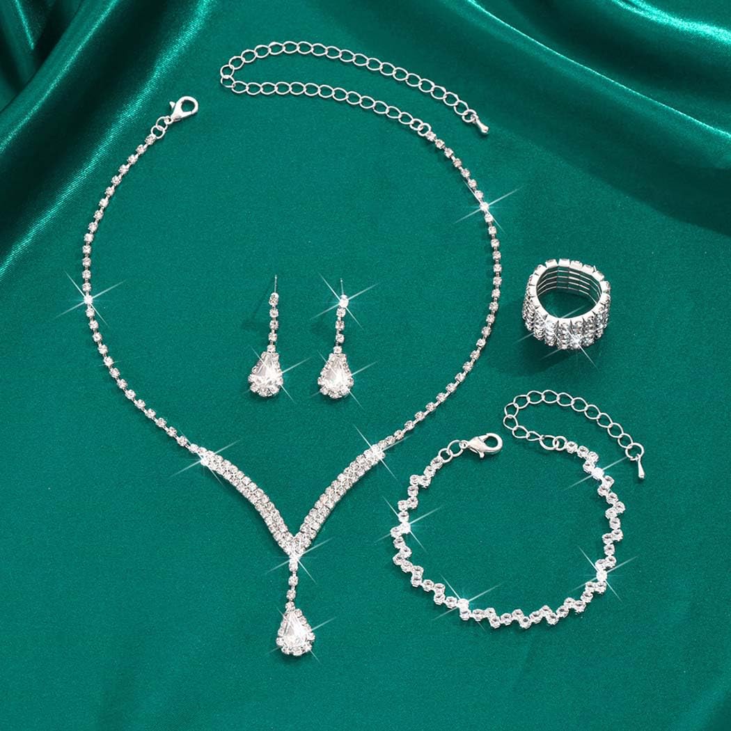 Unicra Bridal Wedding Jewelry Set Silver Rhinestone Necklace Earrings Sets Formal Costume Jewelry for Women and Brides (C-4 Pack