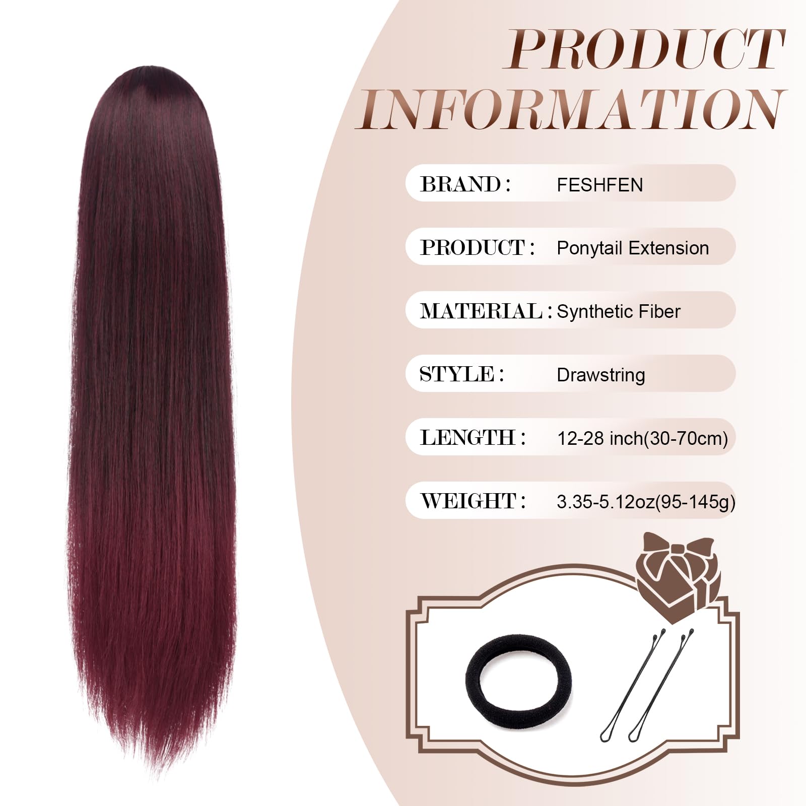 Feshfen Straight Ponytail Extensions Long Drawstring Pony Tails Natural Synthetic Hairpiece Clip In Ponytails Hairpieces For Wom