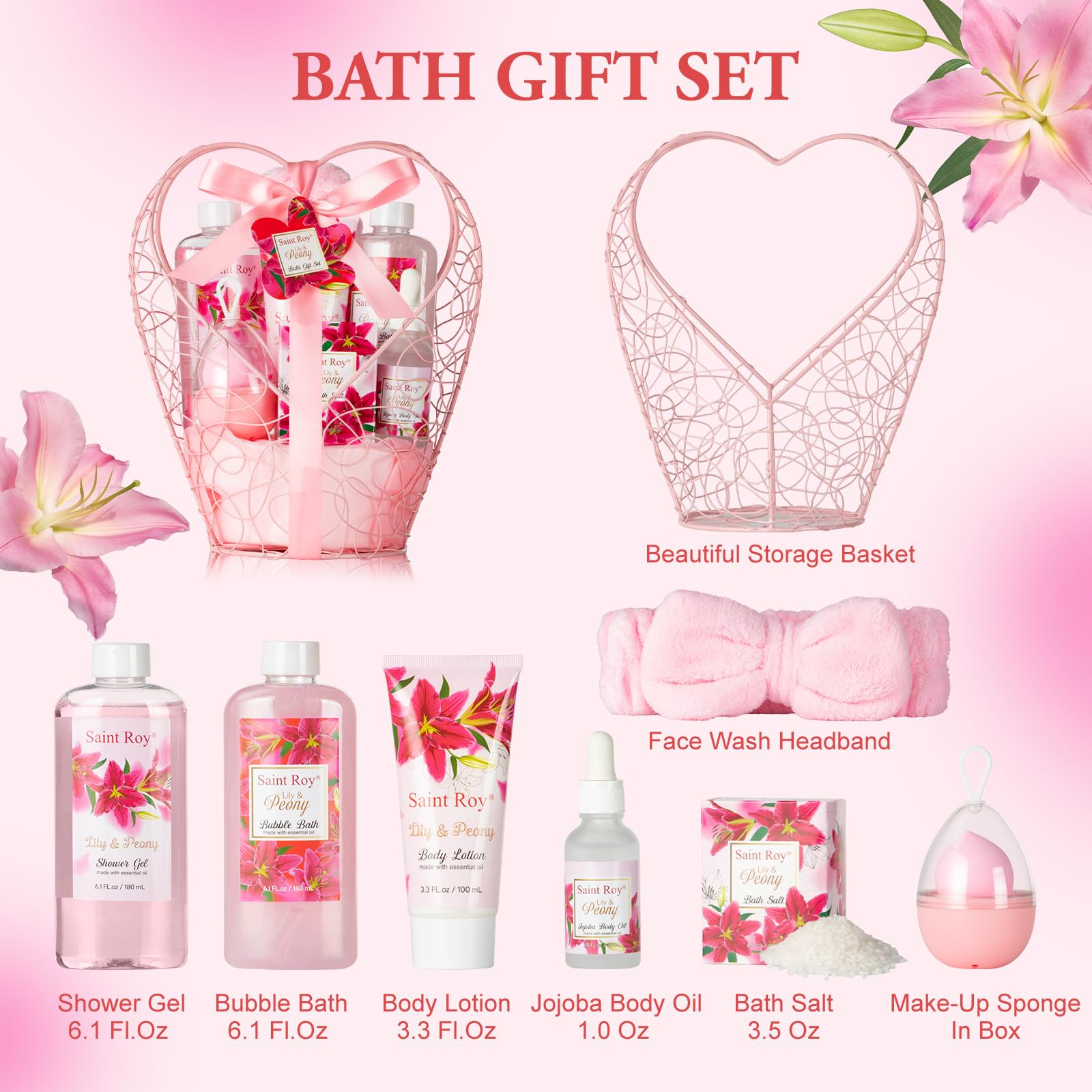 Gift Basket For Women, 8Pcs Spa Set Of Lily & Peony Home Spa Set, Beauty Personal Care Set Includes Jojoba Essential Oil, Spa Se