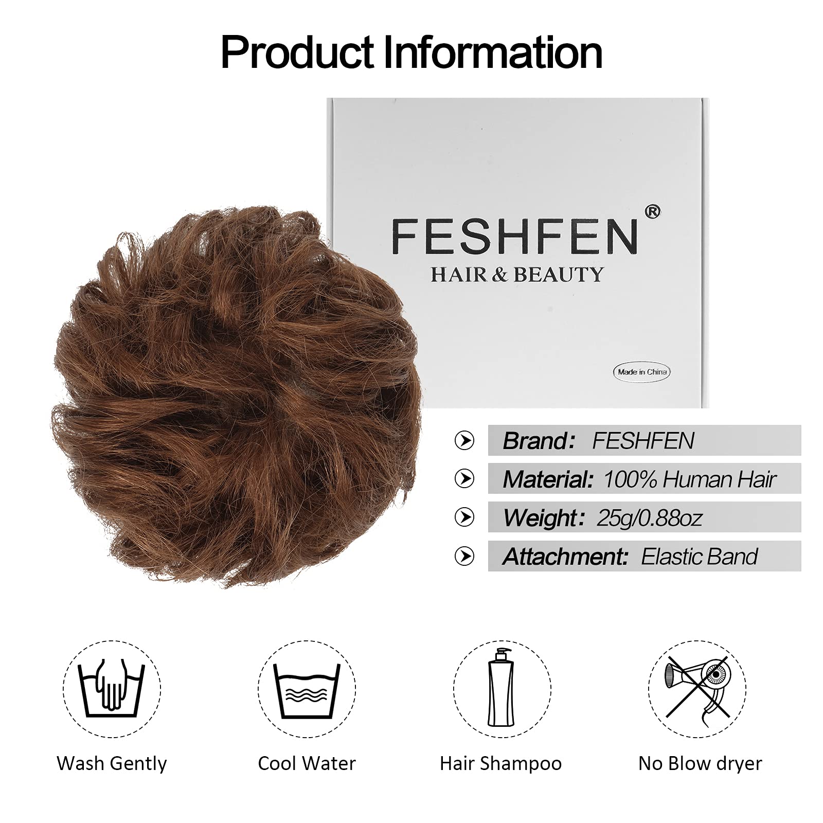 Feshfen Women'S Medium Auburn Wavy Curly Human Hair Messy Bun Hairpiece, 100% Real Hair, Easy To Use, Suitable For All Occasions