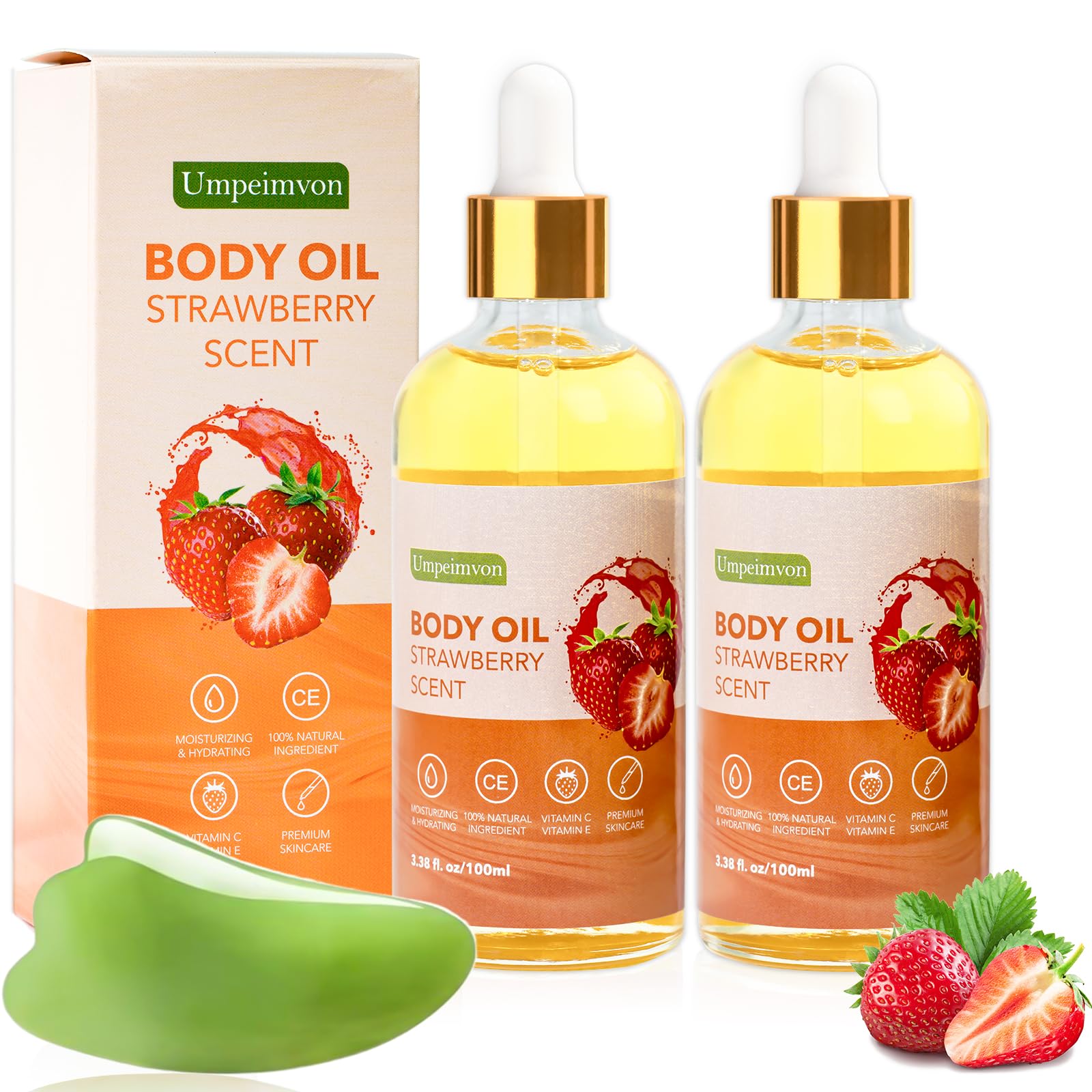 Umpeimvon 2 Pack 3.38 Fl.Oz Strawberry Body Oil After Shower, Vitamin C & E Gua Sha Body Oils Scented Body Oils For Women, Dry B