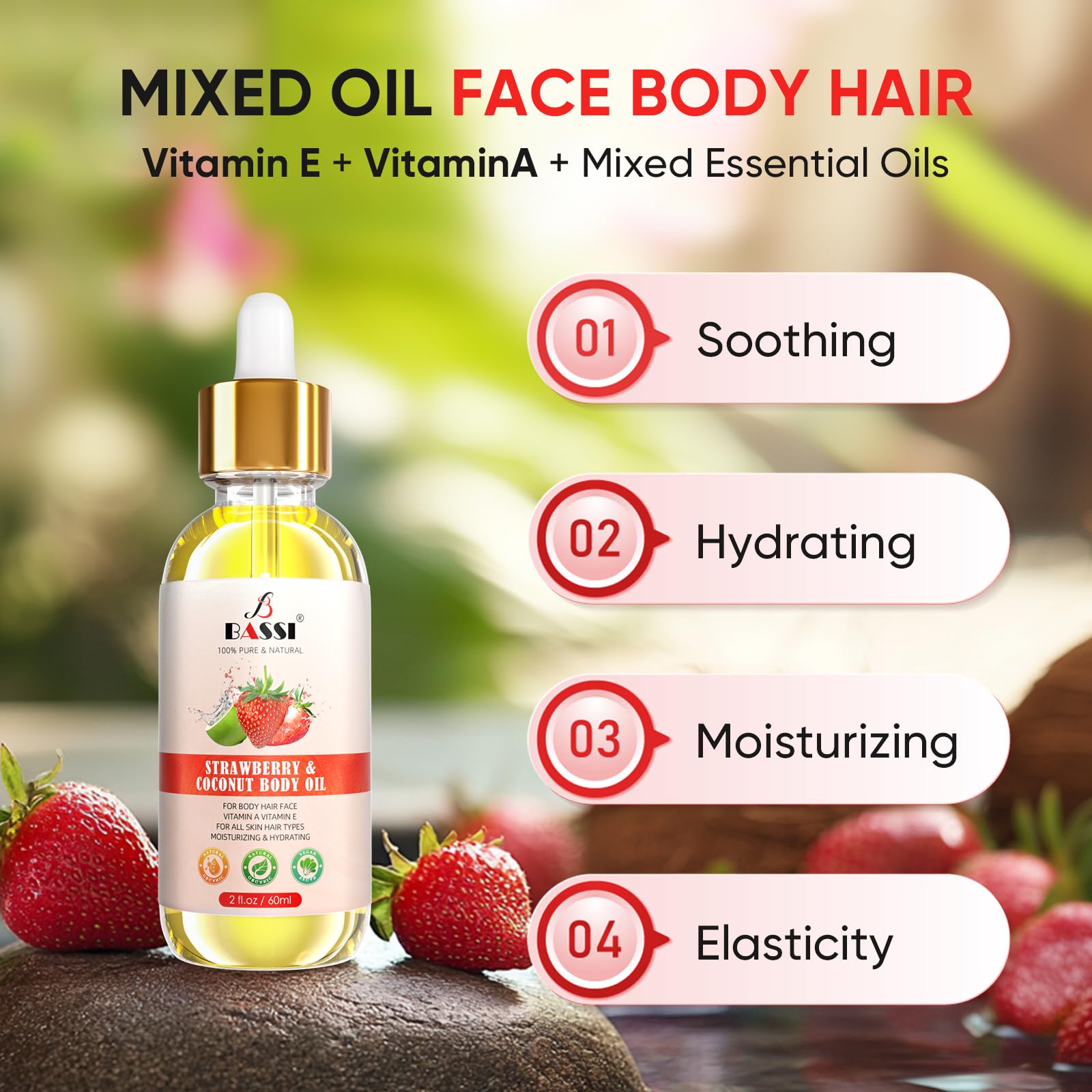 Bassi 2Pcs Organic Coconut Oil Strawberry Moisturizing Body Oil With Vitamin E, Bath Oil For Dry Skin Hydrating, Body Oil, Relax