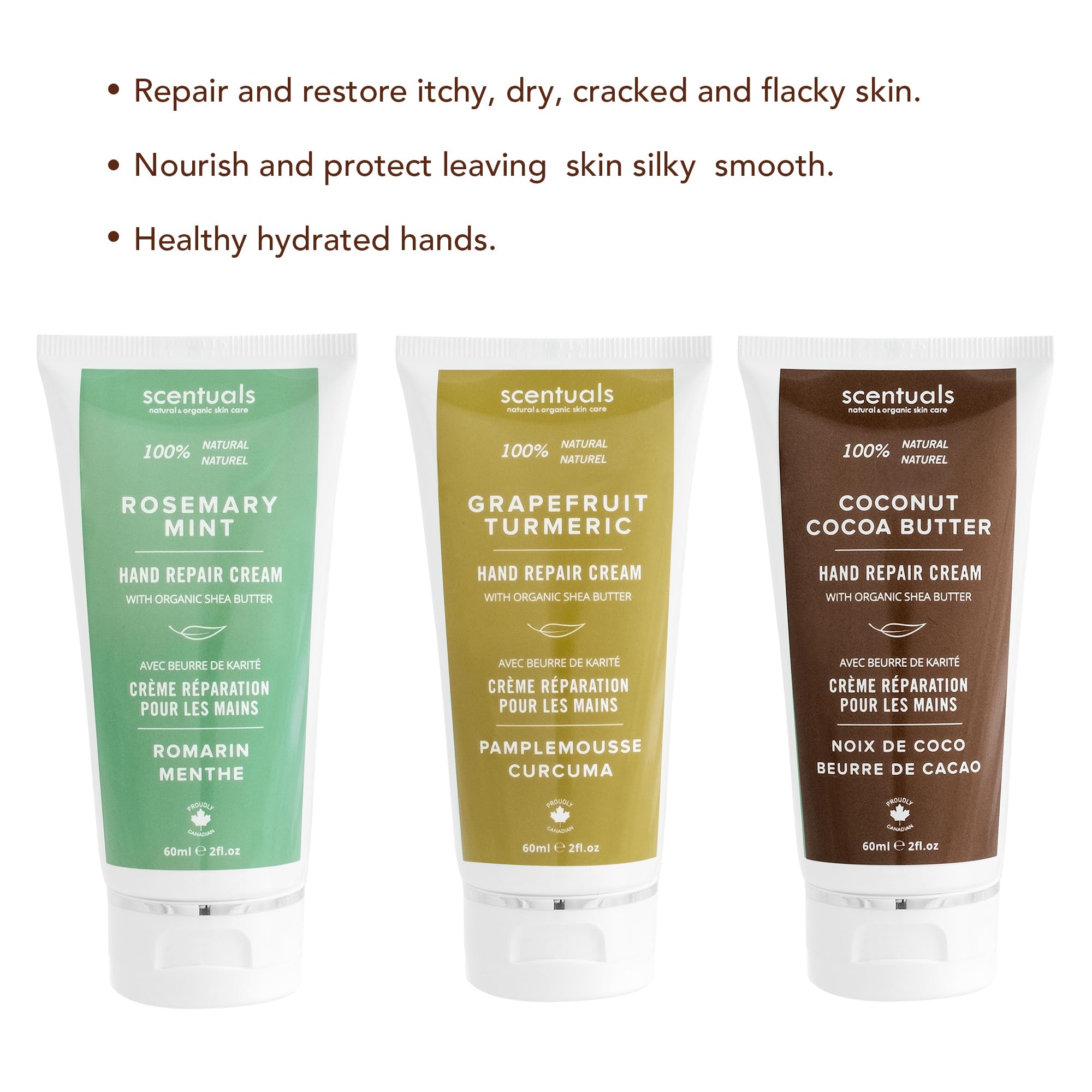 Scentuals Hand Cream Set of 3 - Moisturizing with Shea Butter, Cocoa Butter, Argan Oil - 2 Fl Oz Each (Grapefruit, Rosemary Mint, Coconut)