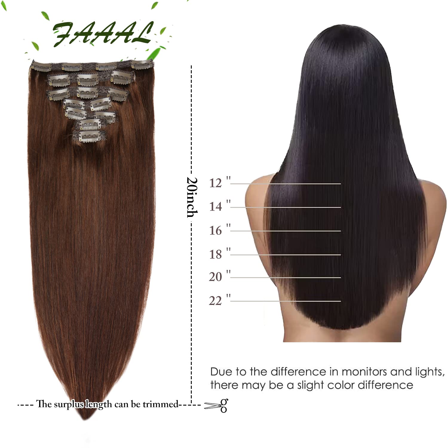 20'' Clip In Human Hair Extensions Full Head 180G 7 Pieces 16 Clips 4# Chocolate Brown Double Weft Brazilian Real Remy Hair Exte