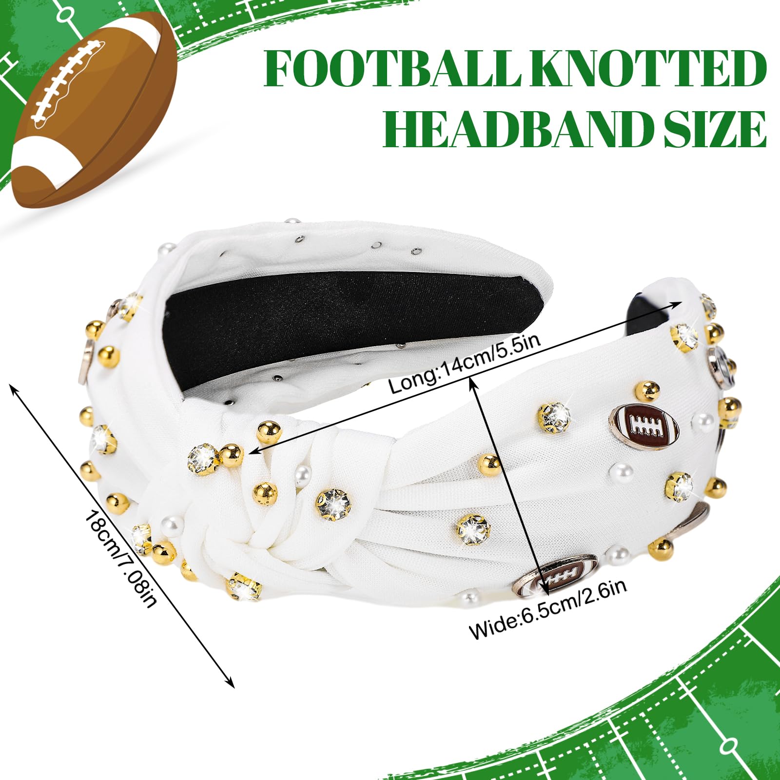 obeoby Football Headband for Women, Knotted Headbands Wide Pearl Rhinestone Hairband White Hair Accessories for Football Mom Fan