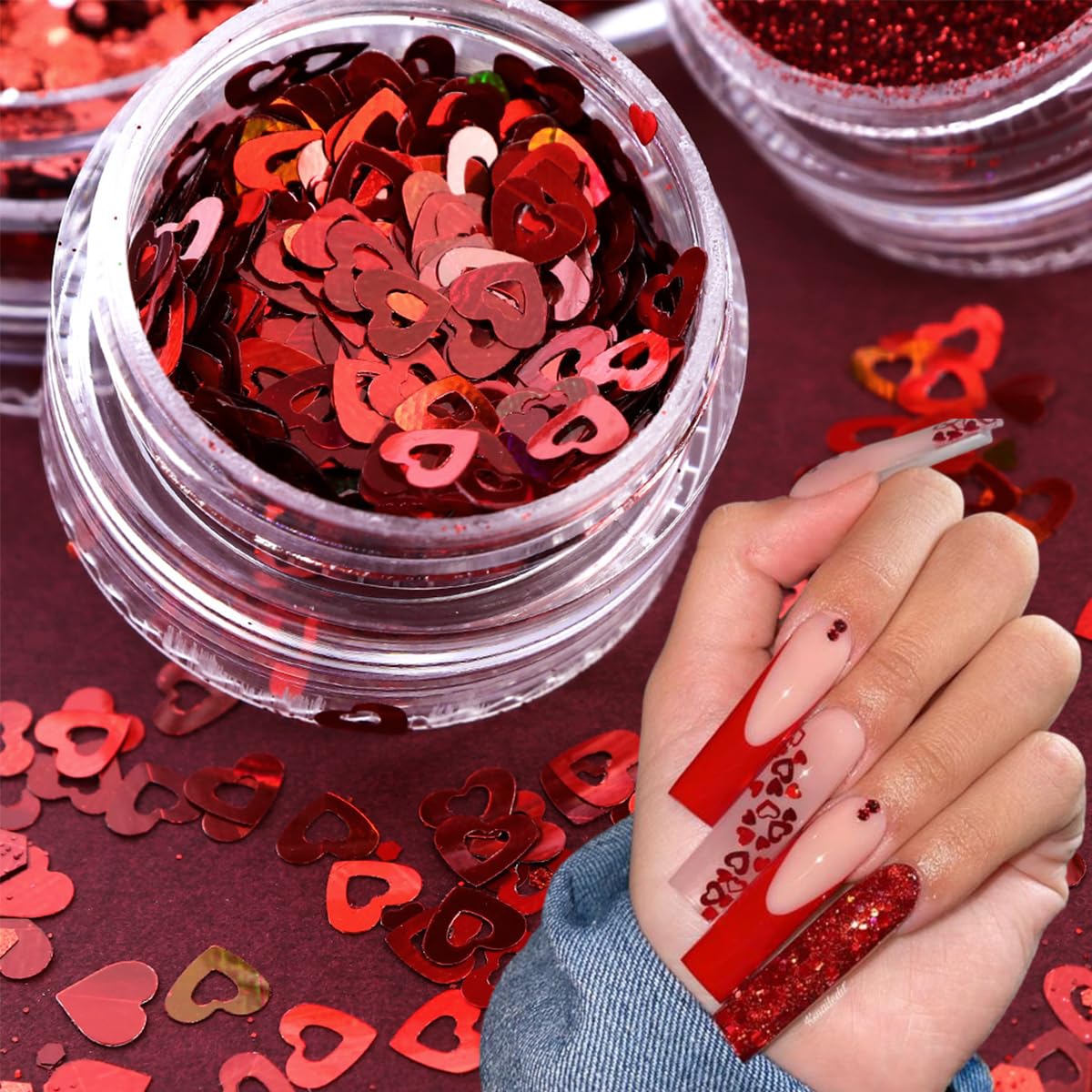 6Pcs Valentines Nail Art Glitter Flake 3D Red Nail Sequins Heart Shaped Nail Art Decoration Holographic Valentines Day Nail Glit