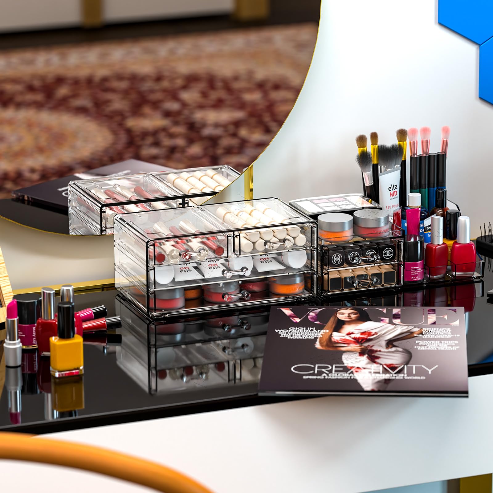 SuoXing 2 Pack Acrylic Counter Makeup Organizer for Vanity,Stackable 6 Drawers Make Up Organizers for Jewelry,Hair Accessory,Bea