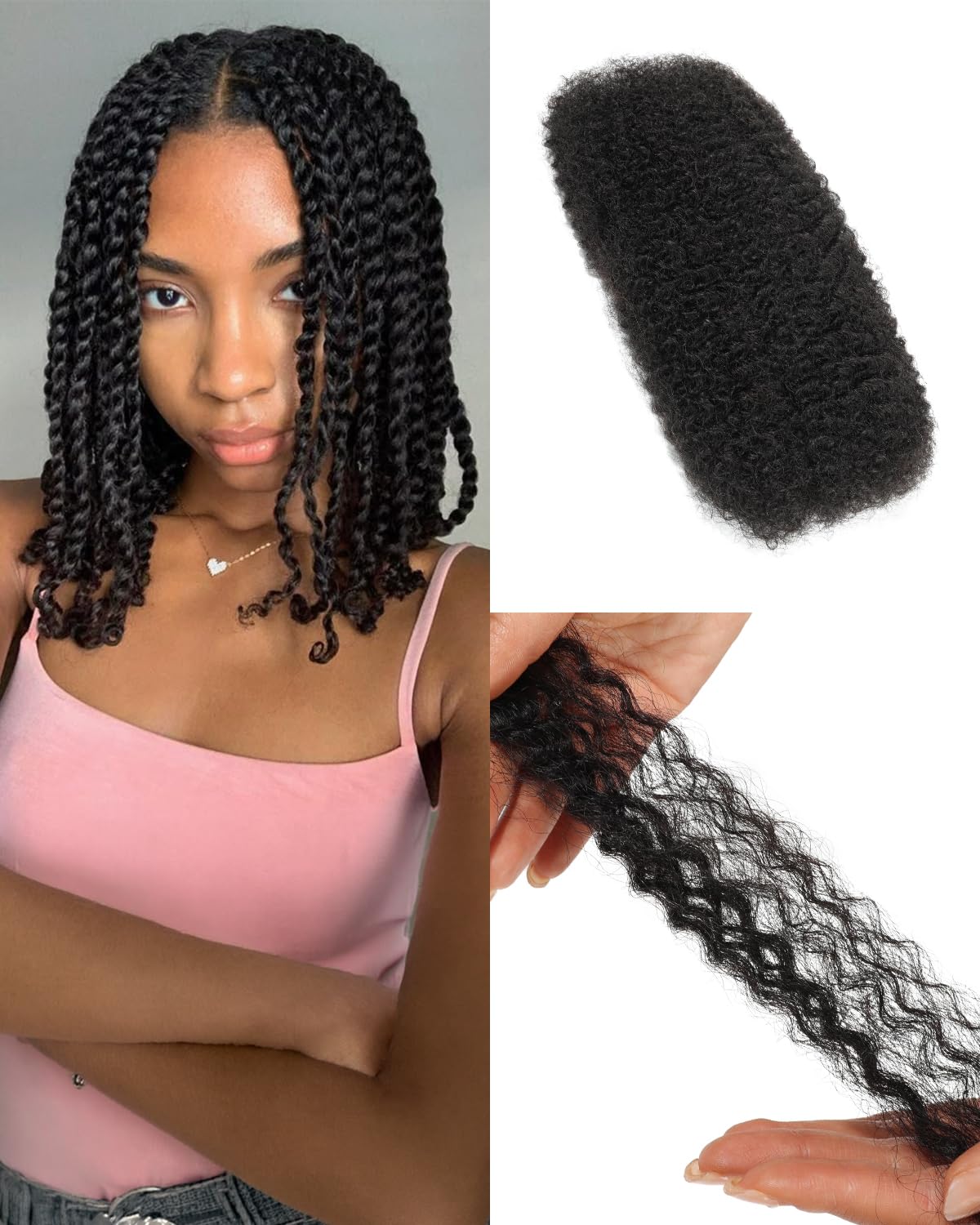 BEEOS Afro Kinkys Bulk Human Hair, Natural Black 4C Curly for Braids 50gram, Kinky-Curly Human Hair Bulk For Mini Twists, Dreadl
