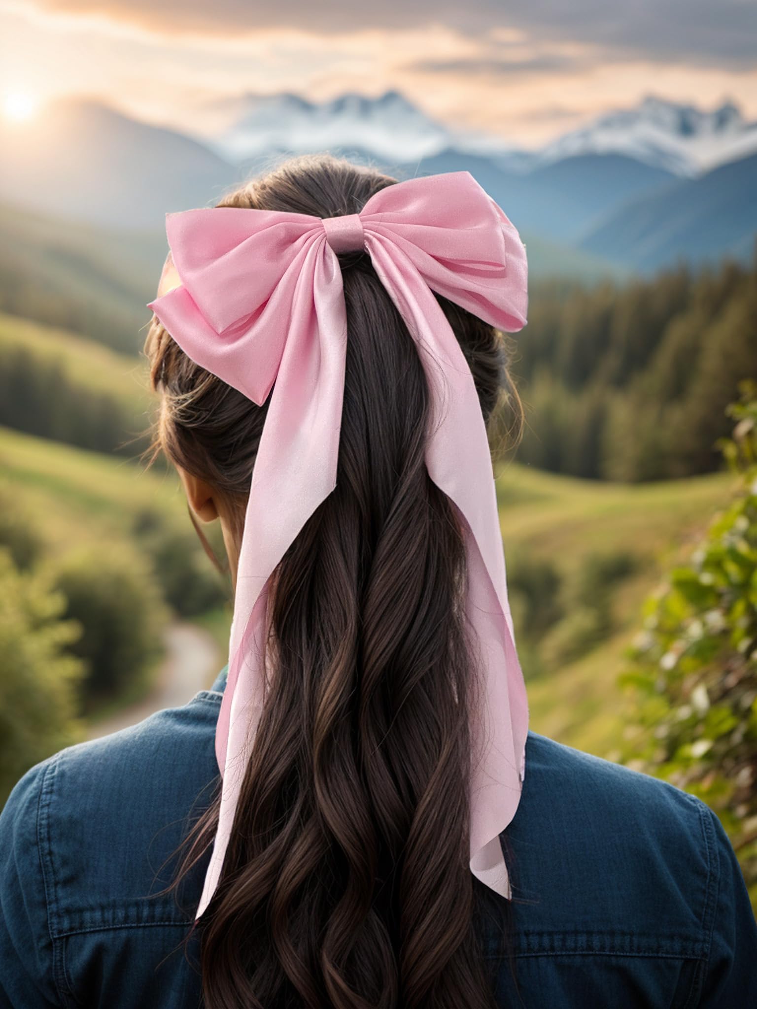 Susulu Pink Hair Bows For Women, 2Pcs Big Hair Bows Long-Tail Pink Ribbon Bows Hot Pink Hair Bows Accessories Hair Barrettes Par
