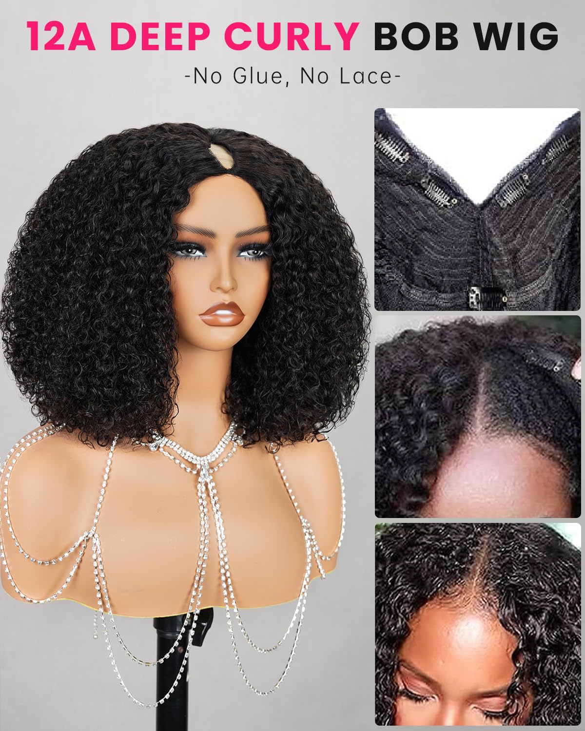 Megalook V Part Wig Human Hair Half Wigs For Black Women U Part Human Hair Wig Curly Bob Wigs 180% Density Deep Wave Wig U Part