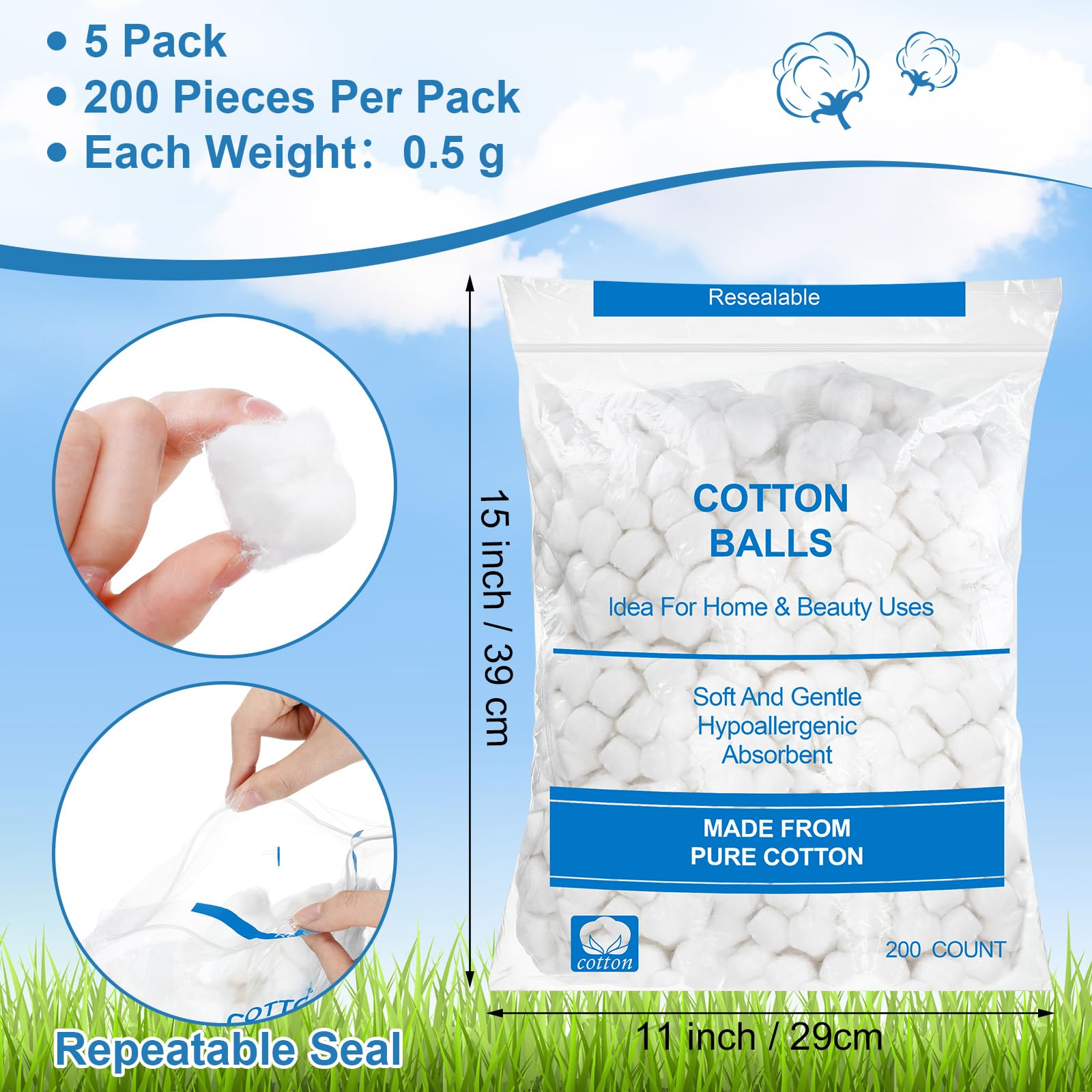 Heigble 1000 Pcs Jumbo Cotton Balls Bulk Organic Soft Large Size Cotton Balls Absorbent Multipurpose Pure Cotton Balls for Nail