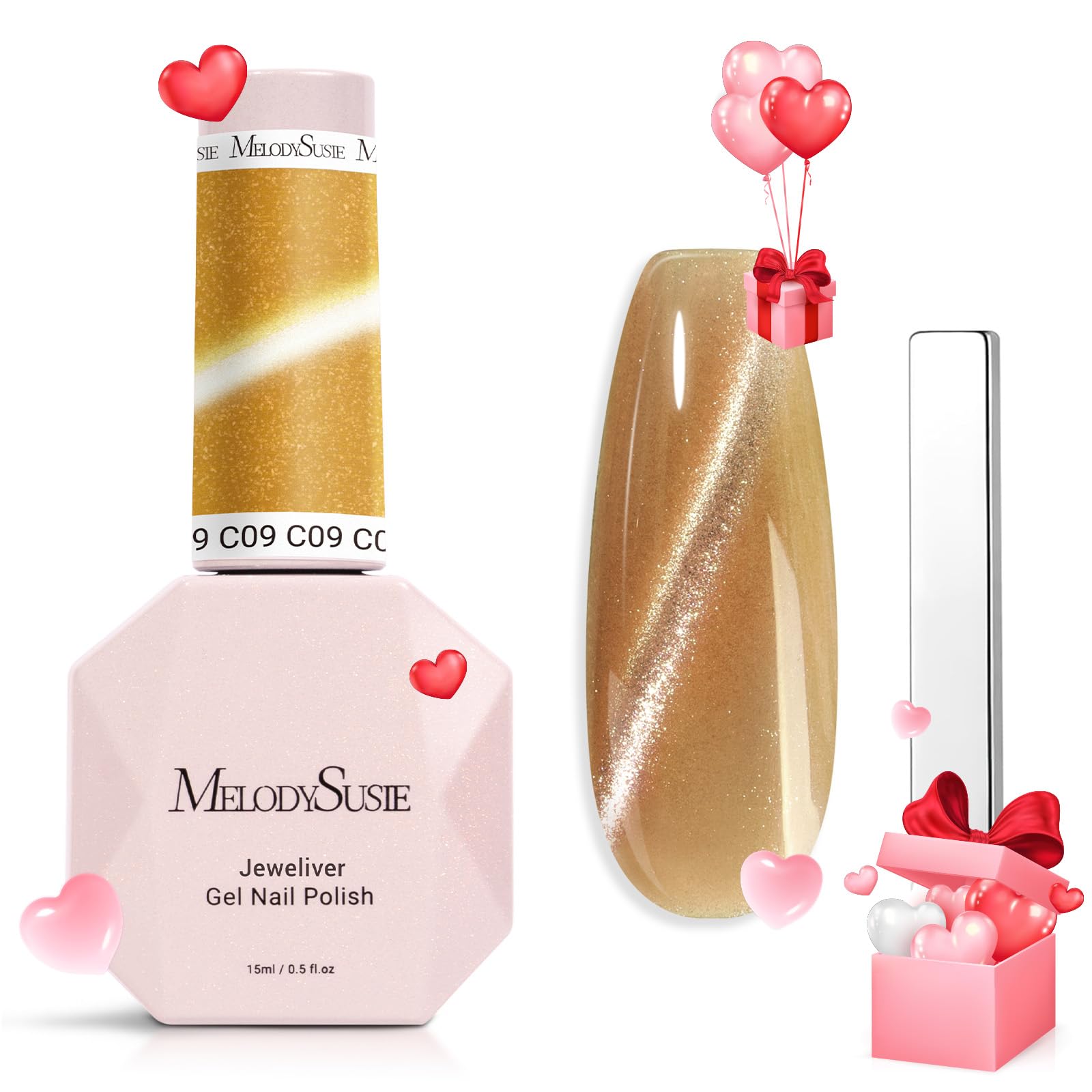 Melodysusie Jeweliver Cat Eye Gel Nail Polish, 0.5 Fl Oz Gold Glitter Holographic Magnetic Nail Polish With Magnet, Uv Nail Poli
