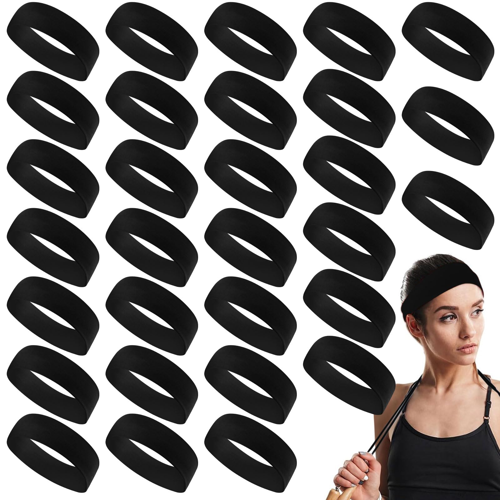 Hotop 30 Pcs Sport Headbands for Women Non Slip Stretchy Soft Fabric Elastic Sweatbands Bulk for Yoga DIY Team Gifts(Black)