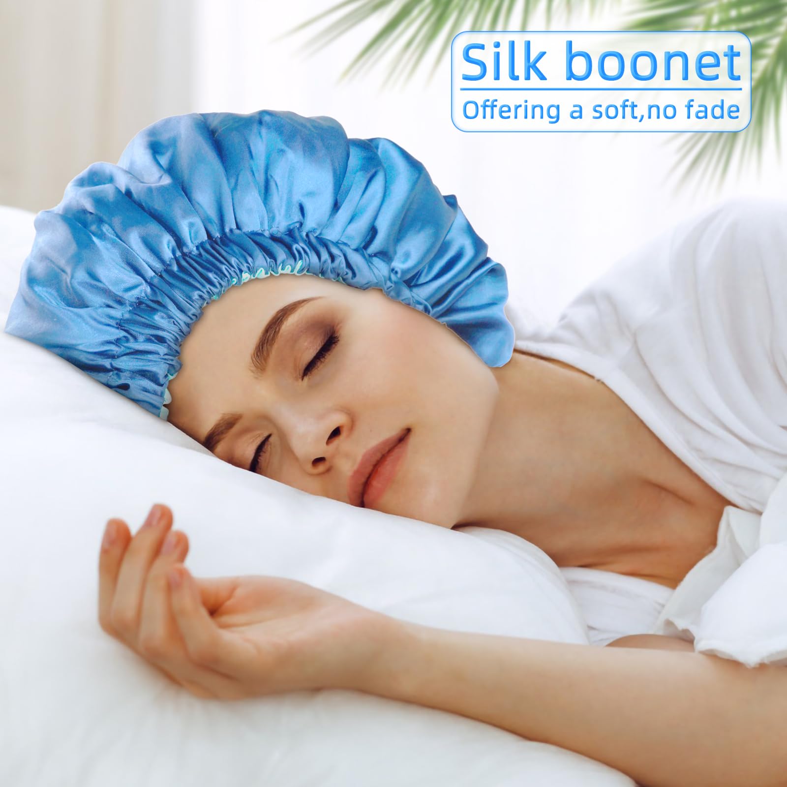 Satin Bonnet Silk Bonnet Hair Bonnet for Sleeping-Slouchy Beanie Hat Satin Sleep Cap for Women's Natural & Curly Hair(Lake Blue)