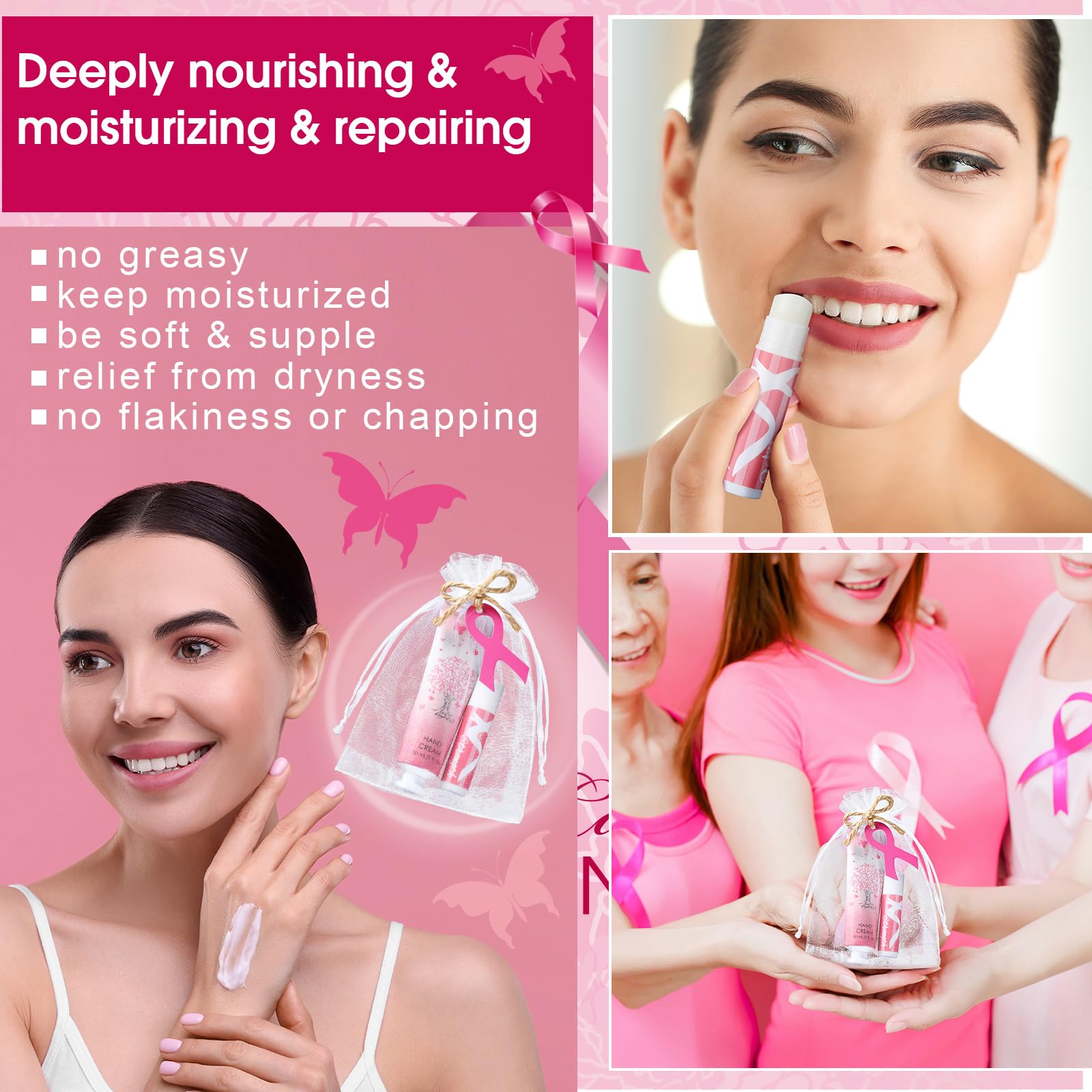 Dansib 24 Sets Breast Cancer Awareness Favors Breast Cancer Hand Cream and Lip Balm Gift for Women Pins Pink Ribbon Travel Size