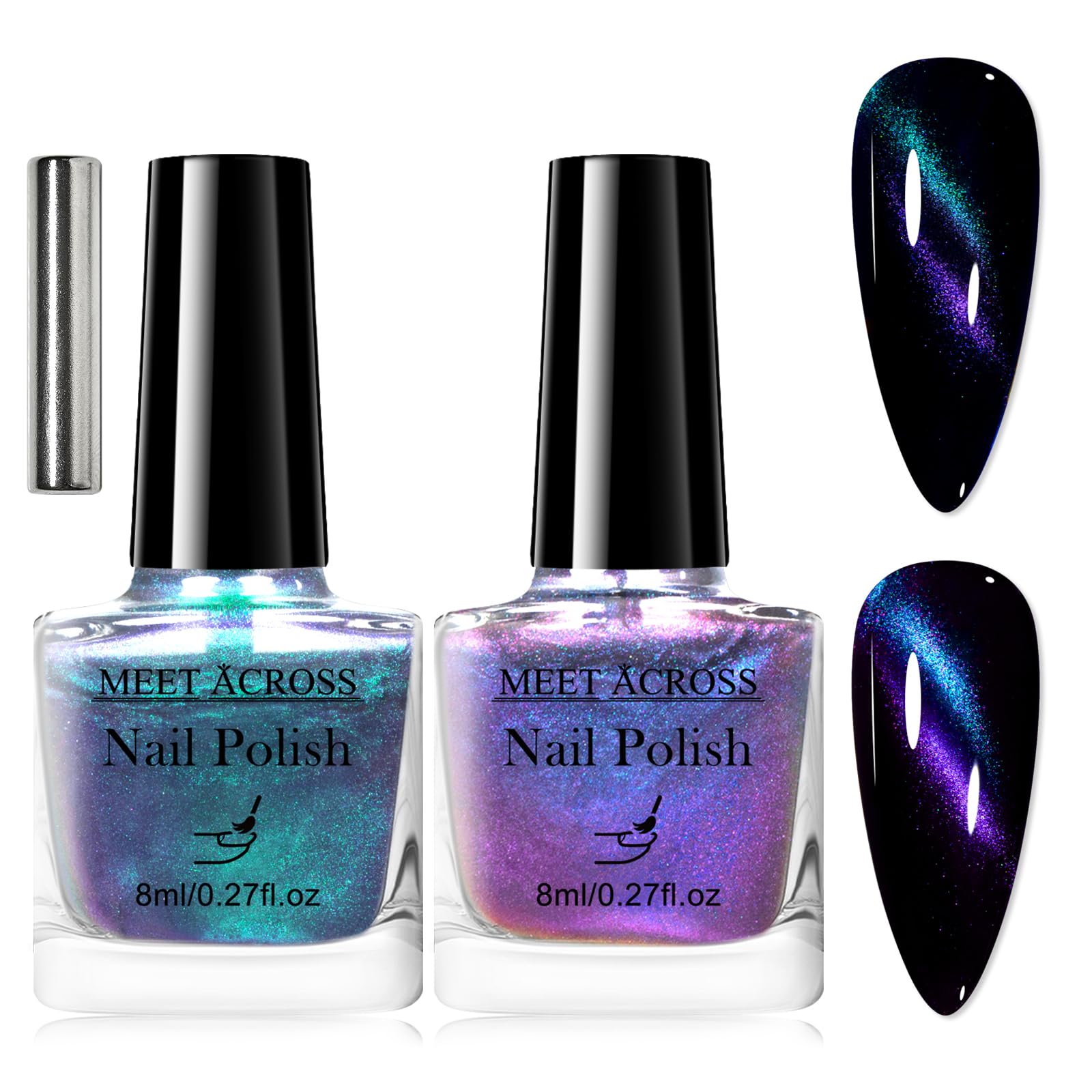 MEET ACROSS 3Pcs Glitter Magnetic Nail Polish with Magnetic Stick Kit, Teal to Purple Cat Eye Nail Polish Non Gel, Quick Dry 2 C