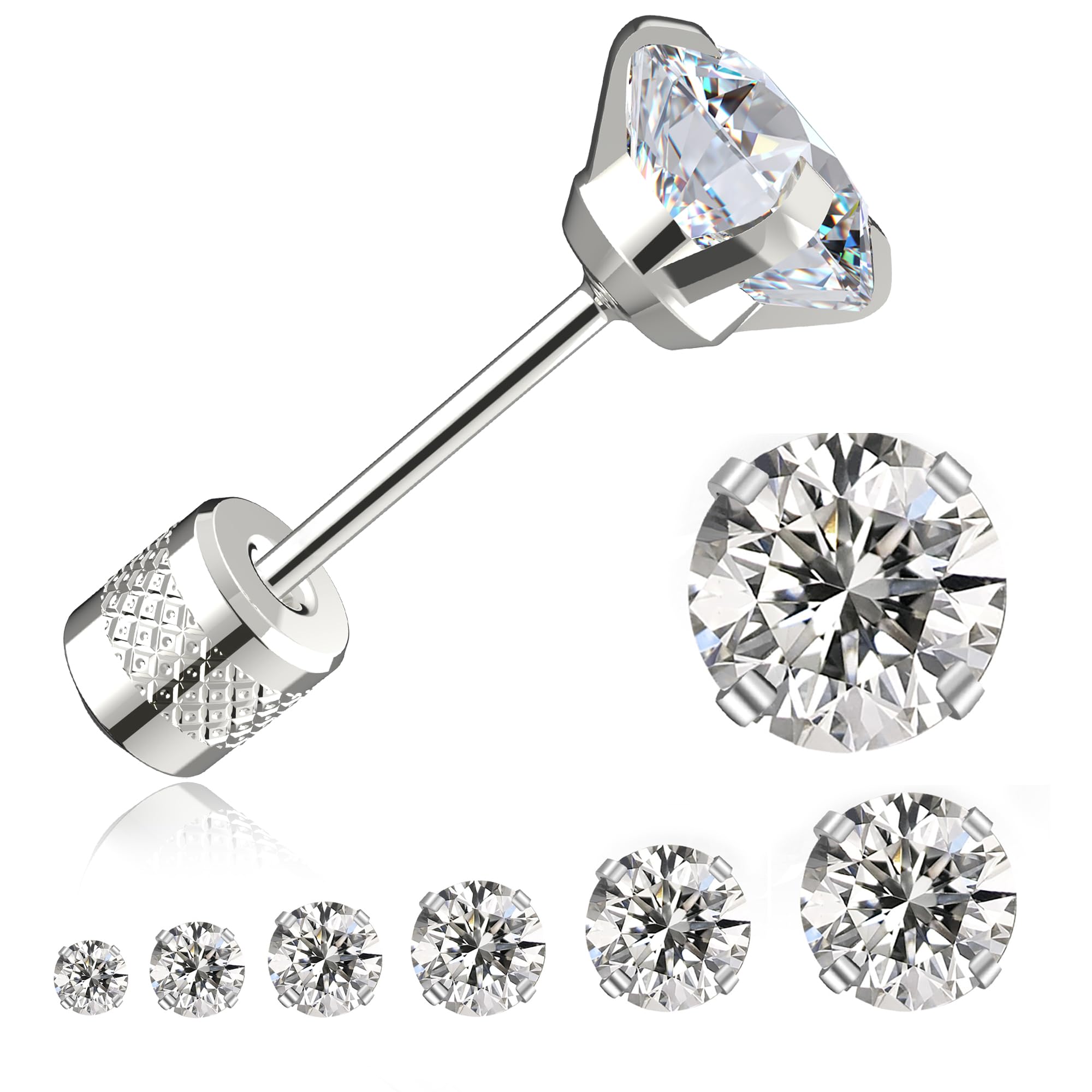 Threadless Flat Back Stud Earrings  6 Pairs Titanium Hypoallergenic for Women Men, Cubic Zirconia Silver Gold, Surgical Stainle