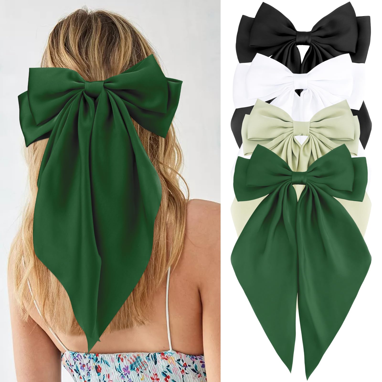 Velscrun Black White Green Dark Green Hair Bows for Women Girls, Silky Satin Large Coquette Bow, Oversized Hair Ribbons 4Pcs Big