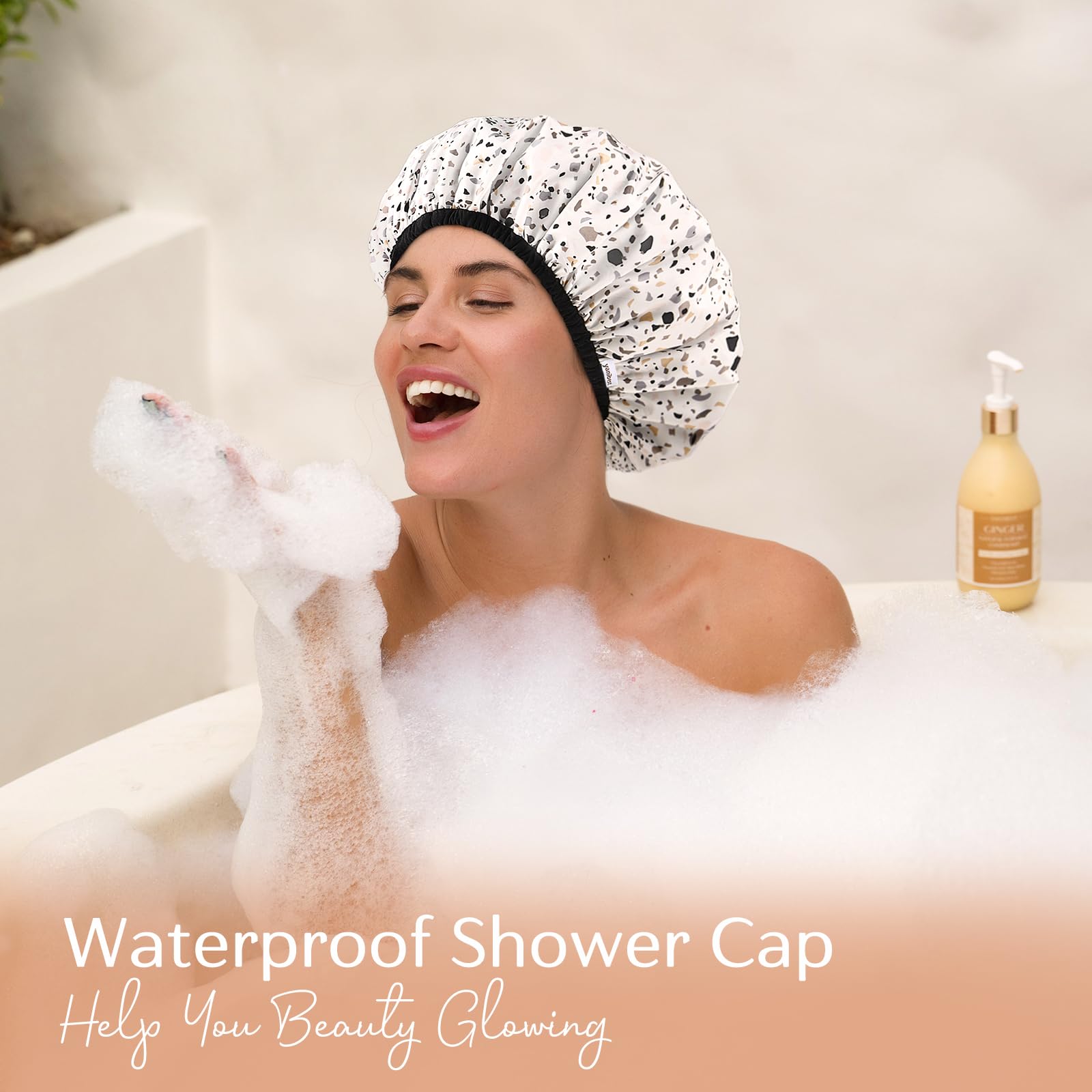 Yanibest Waterproof Shower Cap for Women, Reusable Non-Slip Double Layer Shower Cap for Most Hair Types, One Size