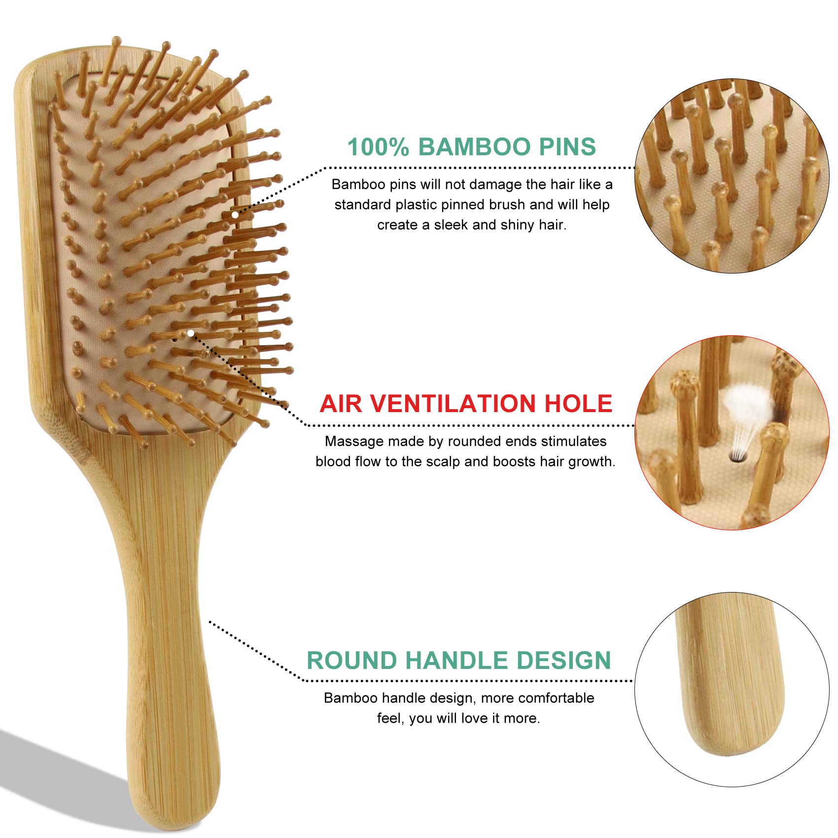 100% Bamboo Hair Brushes and Comb Set by Combetter, Comb for Women and Detangling, Great on All Hair, Eco-Friendly and Handmade