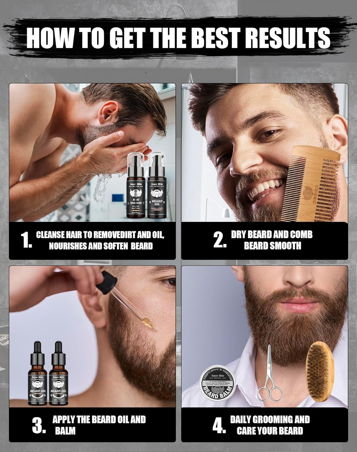 Beard Grooming Kit With 2 Pack Beard Original Oil, Beard Balm, Wash & Conditioner For After Shave Lotions-Sandalwood, Beard Brus