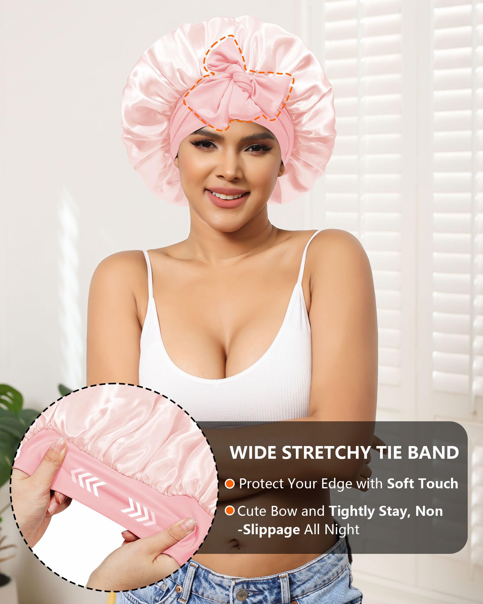 Satin Bonnet Silk Bonnet For Sleeping Women Hair Bonnet For Curly Hair Sleeping Cap Reversible Double Layer Sleep Bonnet With Ti