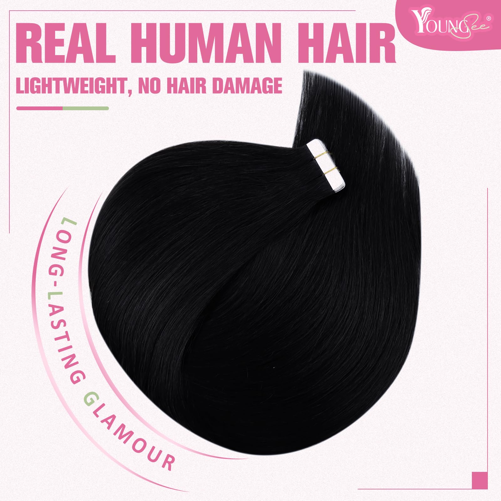 YoungSee Tape in Hair Extensions Real Human Hair Black Tape Extensions Human Hair Jet Black 24 Inch 20pcs Invisible Tape Hair Ex