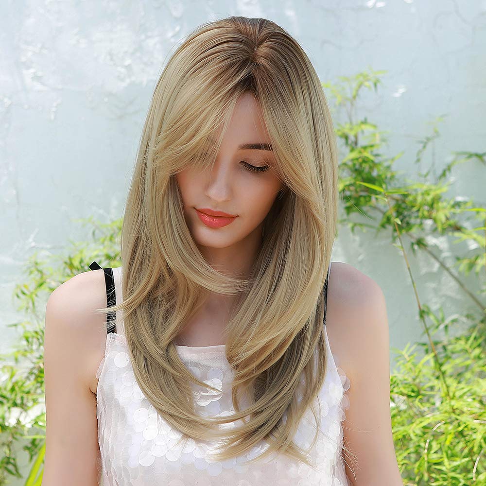 HAIRCUBE Ash Blonde Wigs for Women Long Layered Curly Wig Shoulder Length Heat Resistant Synthetic Wigs with Bangs