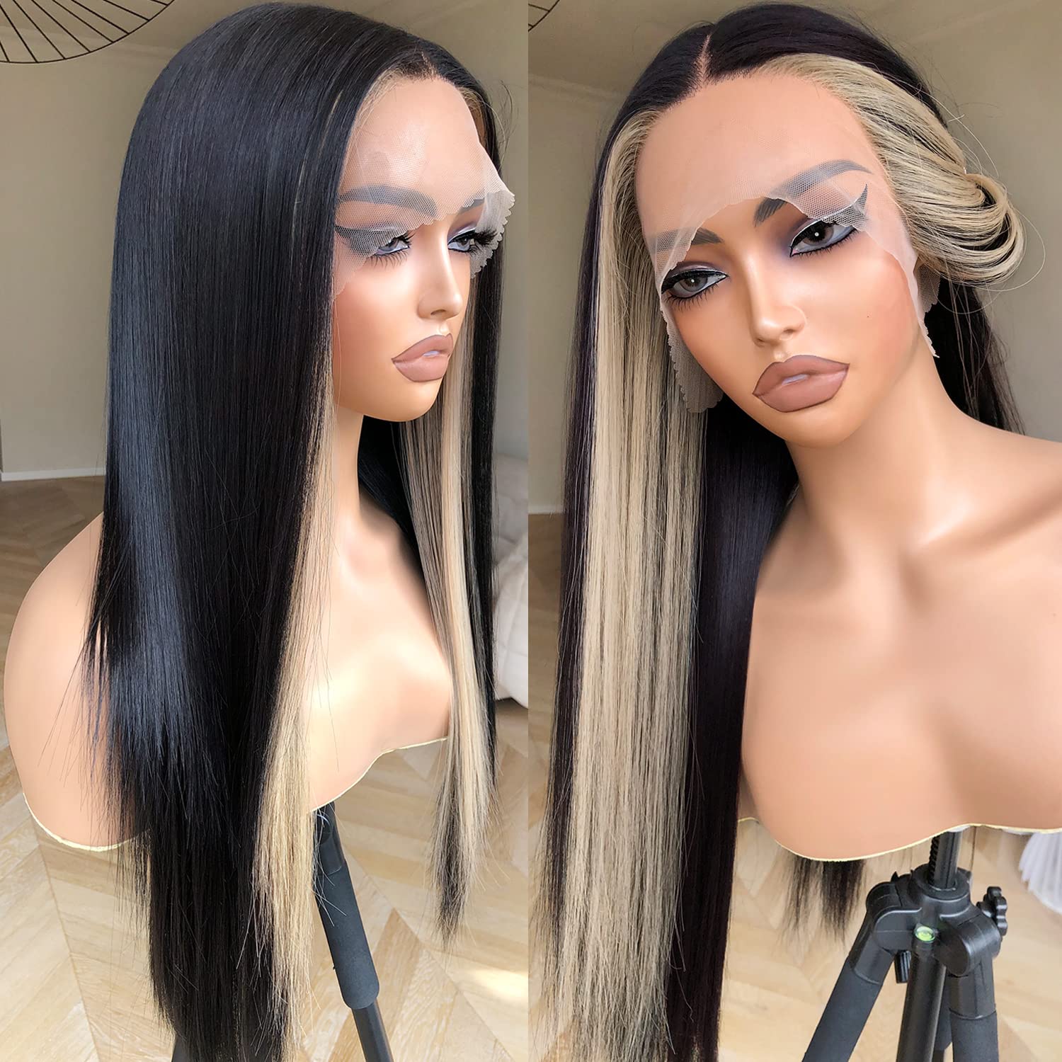 Brownbomb Skunk Stripe Wig Lace Front Wig Pre Plucked Ready To Wear, Hd Glueless 13X5X1 Synthetic Lace Front Wigs For Women 180