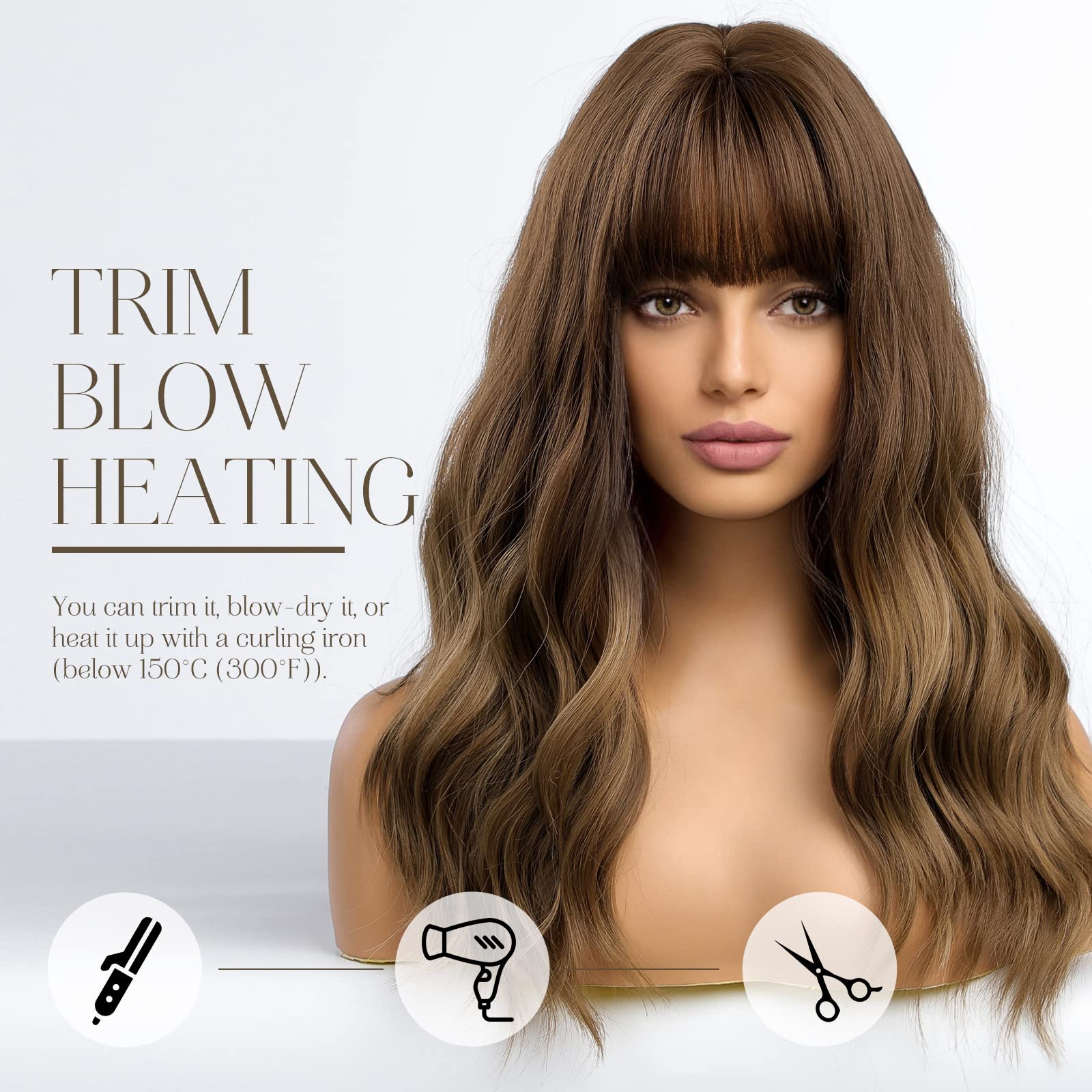 Haircube Long Wave Brown Wigs With Bangs,Ombre Brown Curly Wigs For Women Heat Resistant Synthetic Wigs
