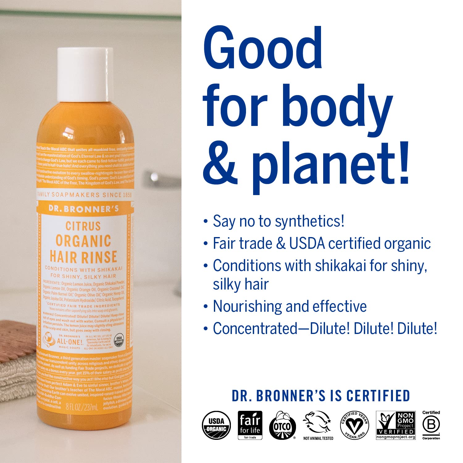 Dr. Bronner's - Organic Hair Rinse (Citrus, 8 Ounce) - Nourishing & Effective, Gentle Conditioning Cleanser for Skin & Hair, No
