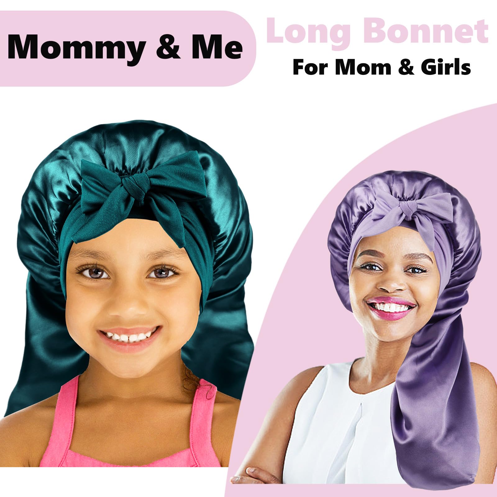 Long Kids Bonnets For Girls,Bonnet For Sleeping Kids,Satin Bonnet For Kids Braids,Curly Hair (Teal)