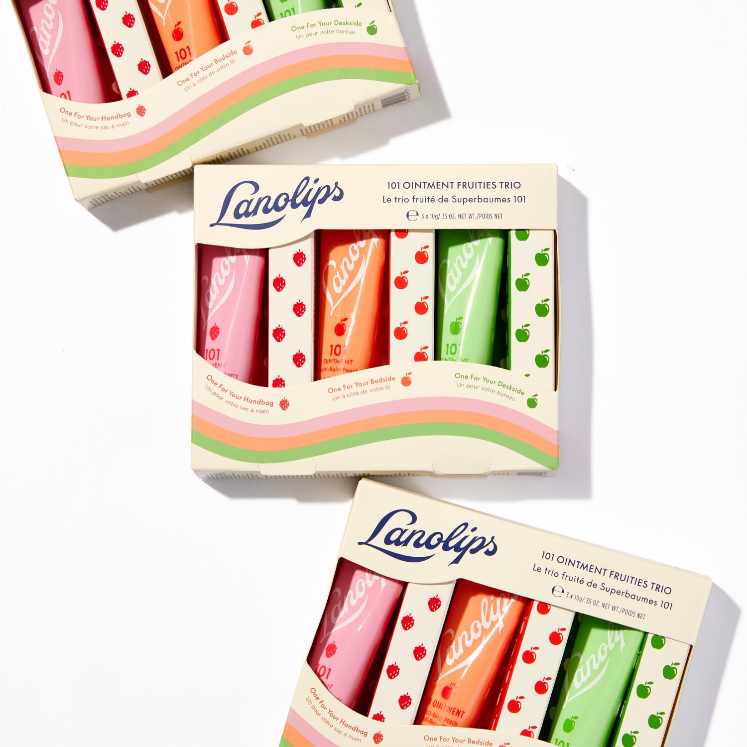 Lanolips 101 Ointment Fruities Trio - Fruity Lip Balm Gift Set & Stocking Stuffer - Strawberry, Peach & Green Apple Flavored Lip