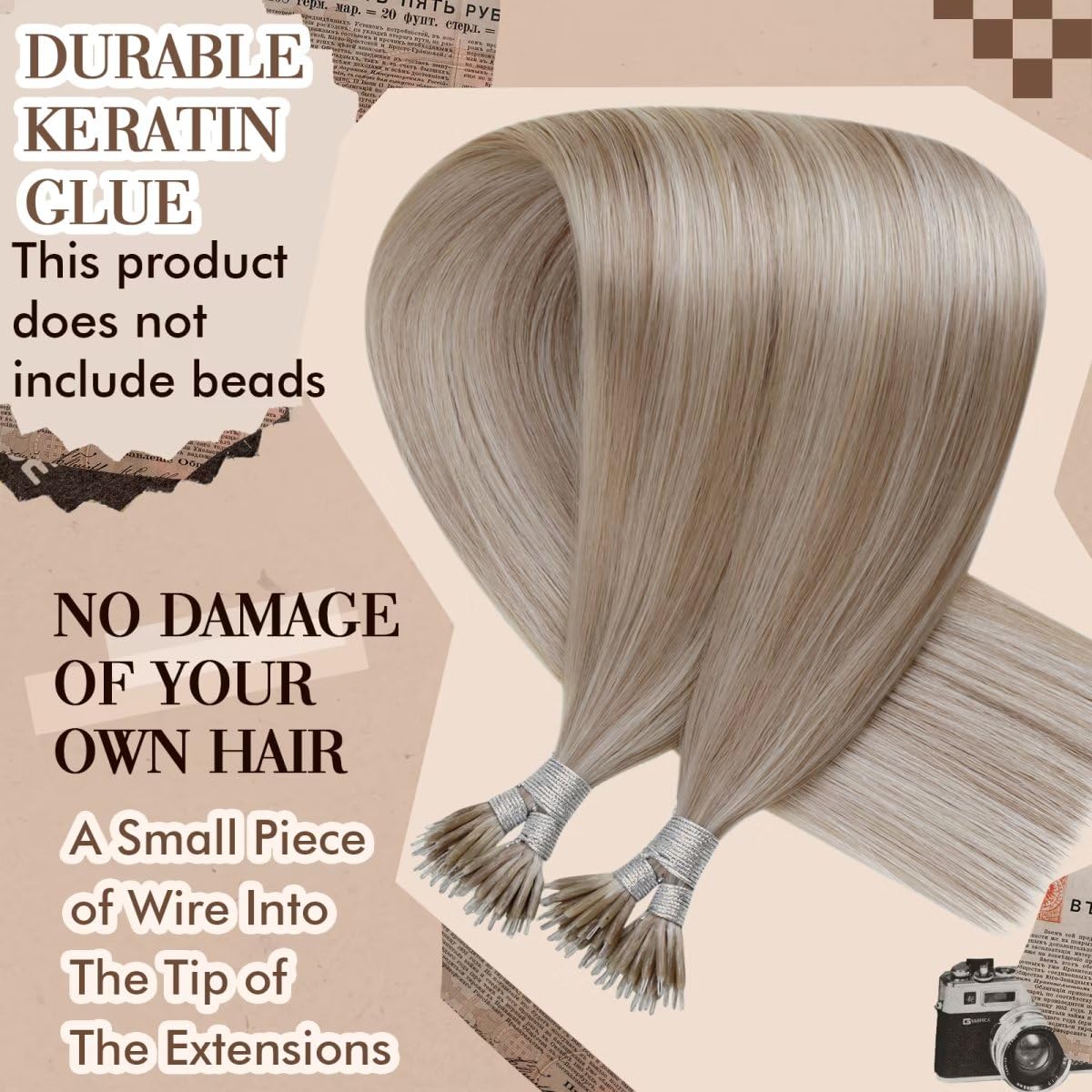 Hetto Blonde Nano Link Hair Extensions Human Hair #18/613 Ash Blonde Highlighted Bleach Blonde Nano Ring Human Hair Extensions 1