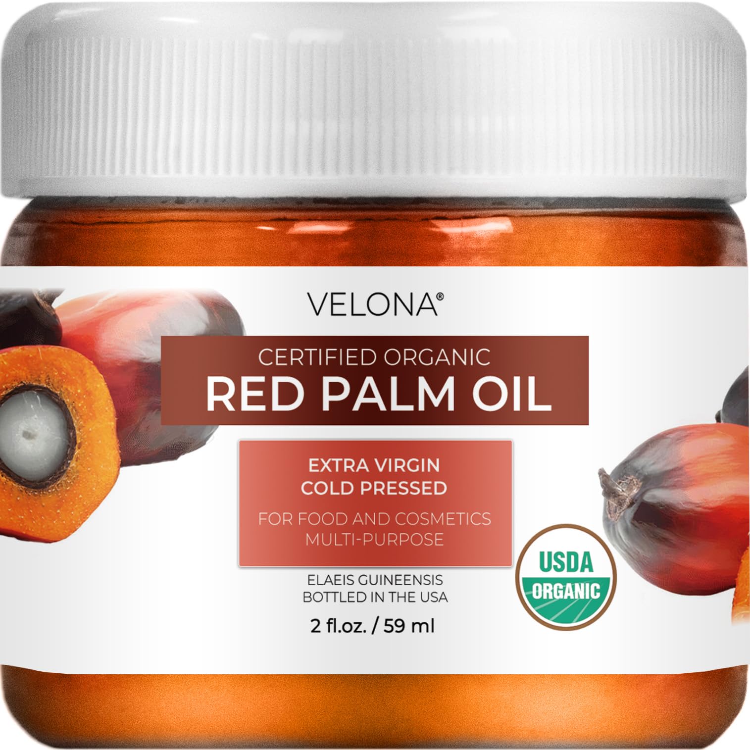 velona USDA Certified Organic Red Palm Oil 2 Fl Oz | Food and Cosmetic Grade | in jar | Extra Virgin, Cold Pressed | Skin, Face,