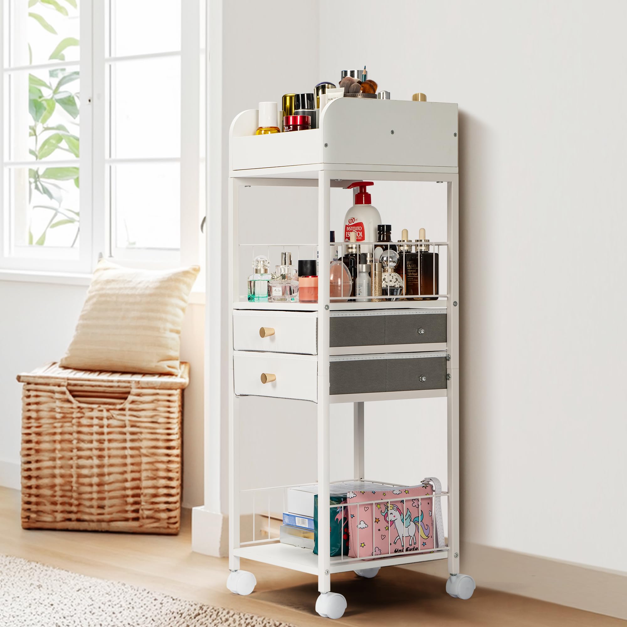 Vivohome Makeup Organizer With Drawers, Cosmetics Display Cases, 2 Shelves Floor Skincare Organizer Cart, Vanity Organizer Holde