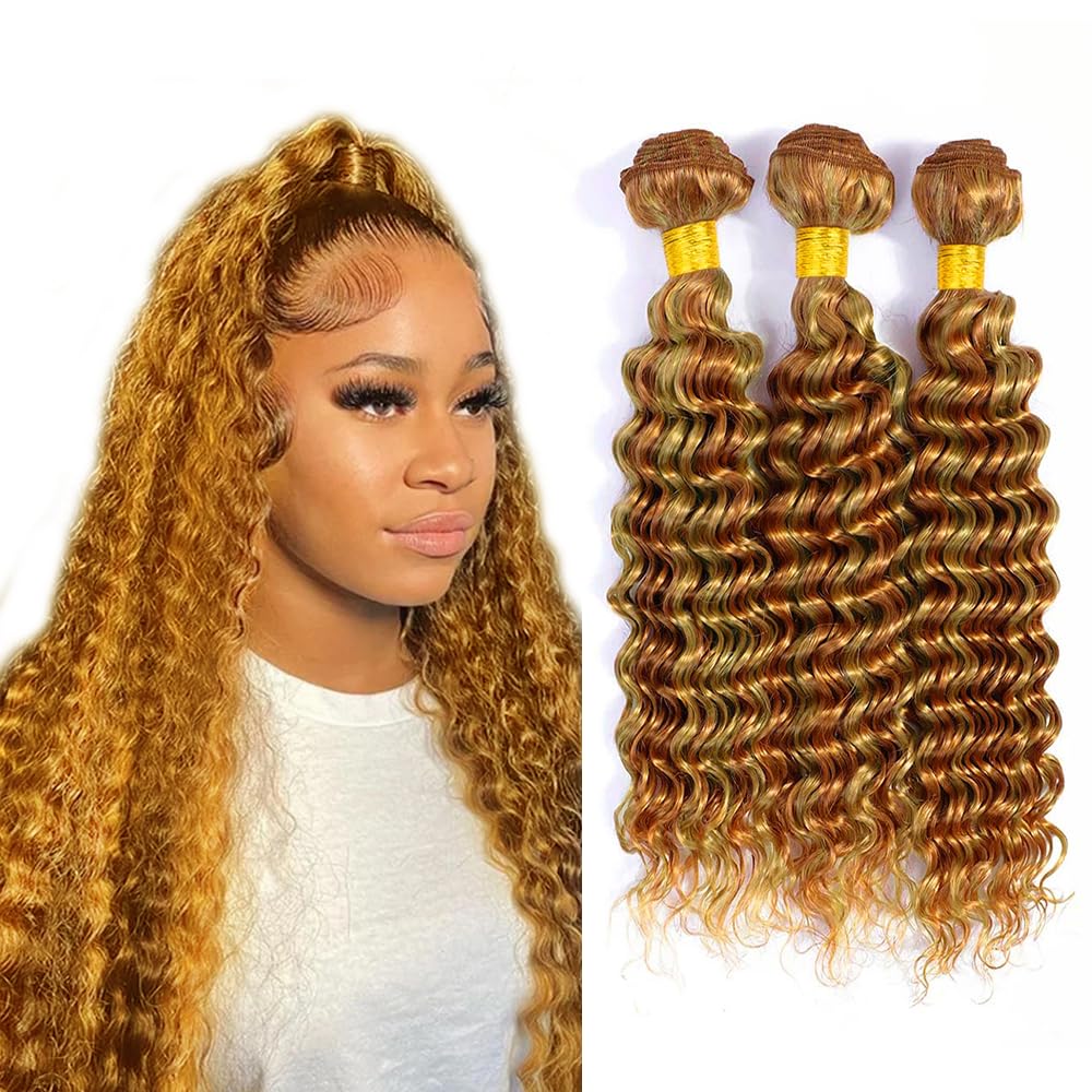 #P2730 Highlight Bundles Human Hair 28 28 28 Inch Honey Brown Deep Wave Human Hair Bundles Quick Weave Honey Blonde Bundle Unpro