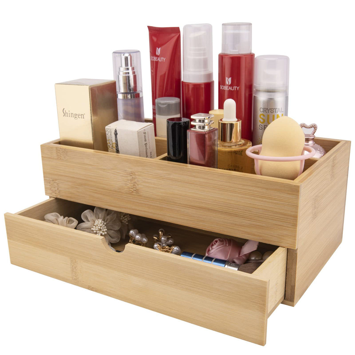 Bootop Pin Bamboo Makeup Organizer With Drawers For Countertop, Dresser, Bathroom Skincare