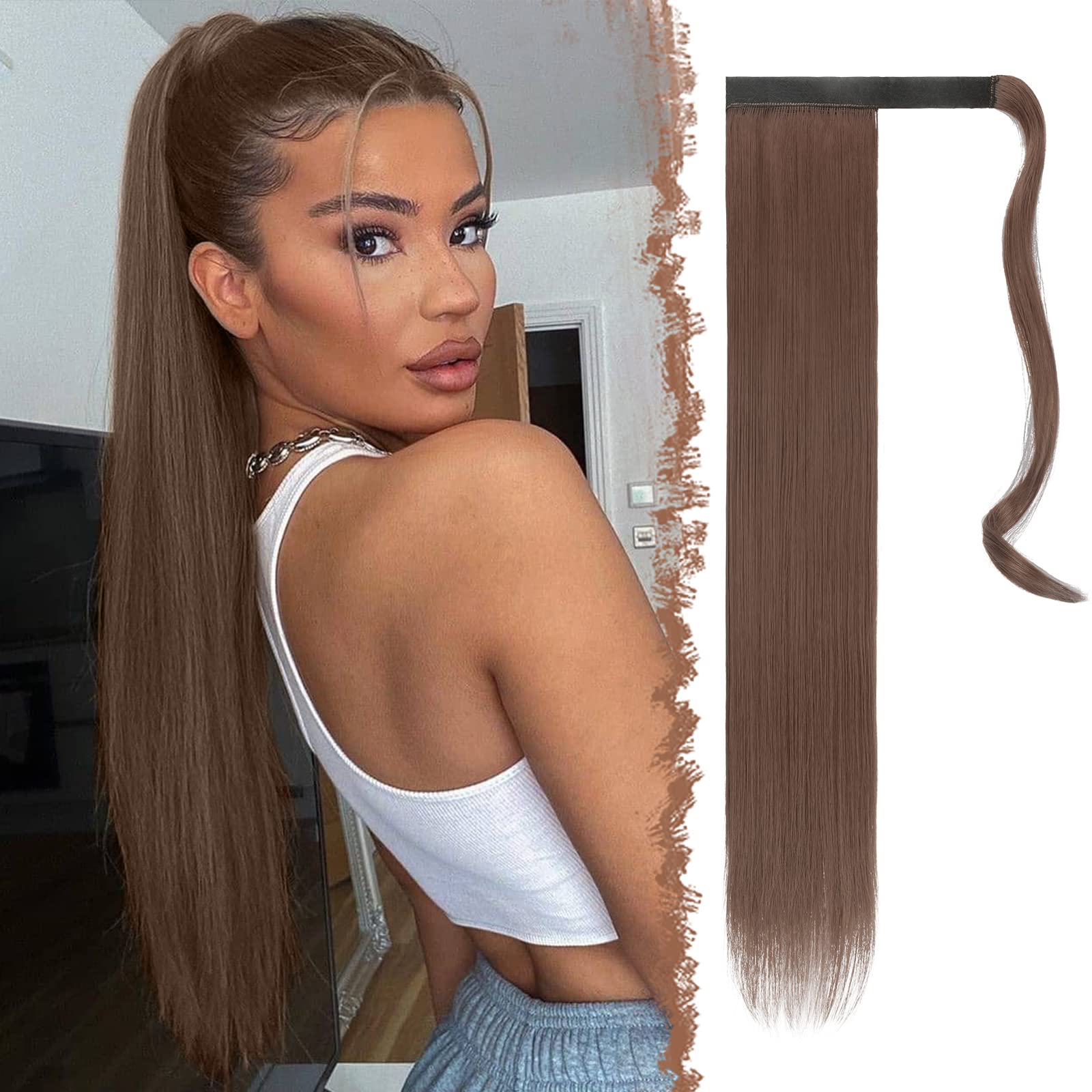 Feshfen Straight Long Ponytail Extensions 24 Inch Wrap Around Light Golden Brown Synthetic Ponytails Hair Piece Pony Tail Hair E