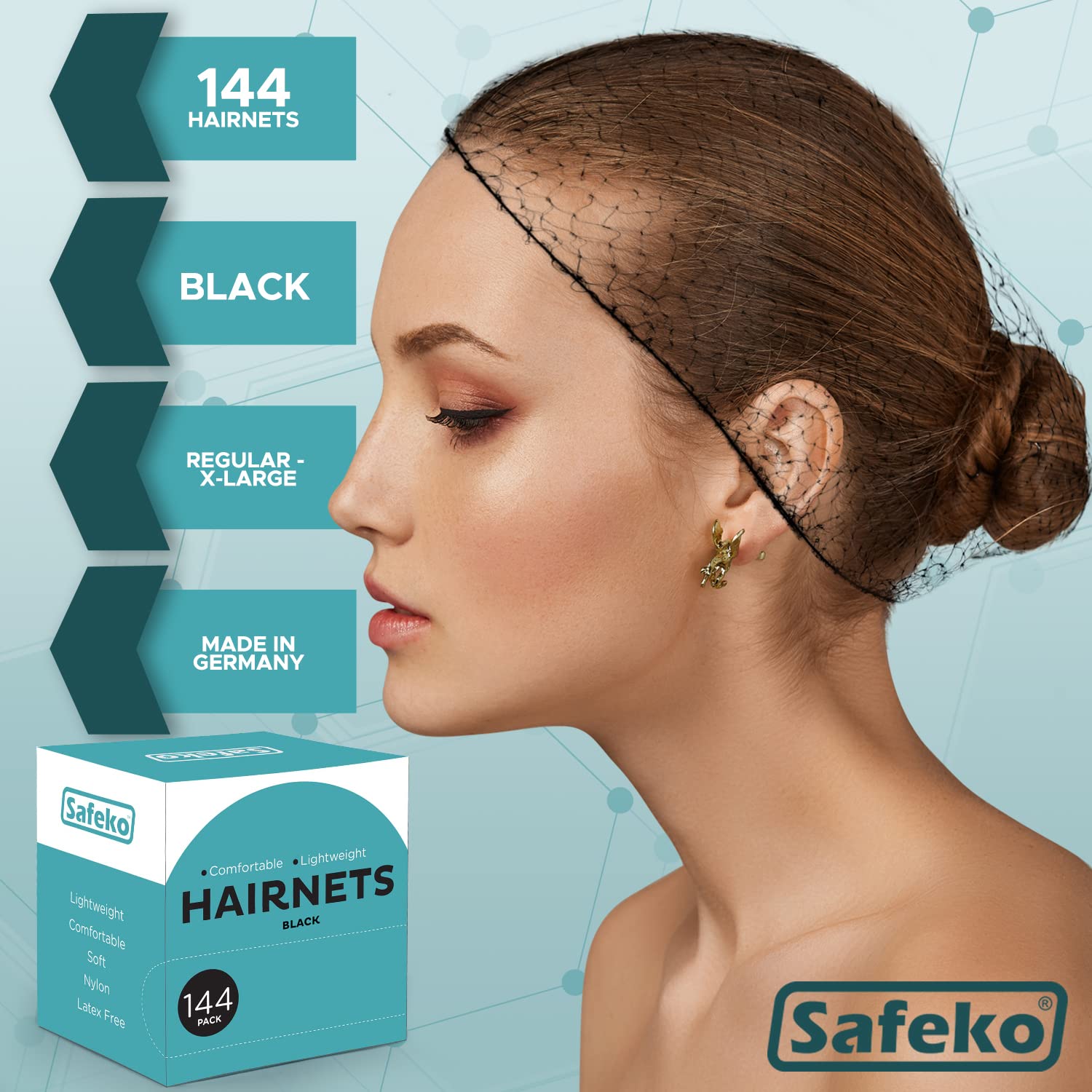Safeko Hair Nets 144 Pcs, Individually Wrapped, Lightweight Nylon Hairnets, Latex-Free | Black, Regular (21'')