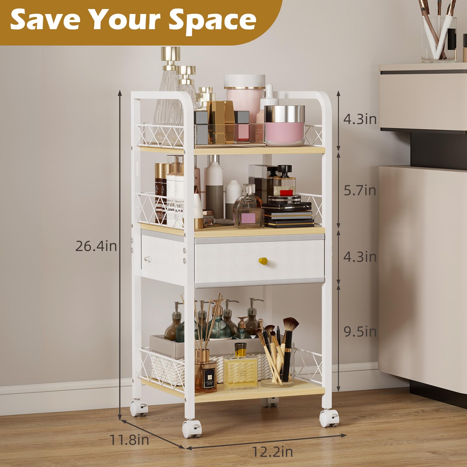Floor Makeup Organizer Cart with Drawer,Rolling Bathroom Organizers and Storage,Versatile Skincare Perfume Storage Vanity Organi