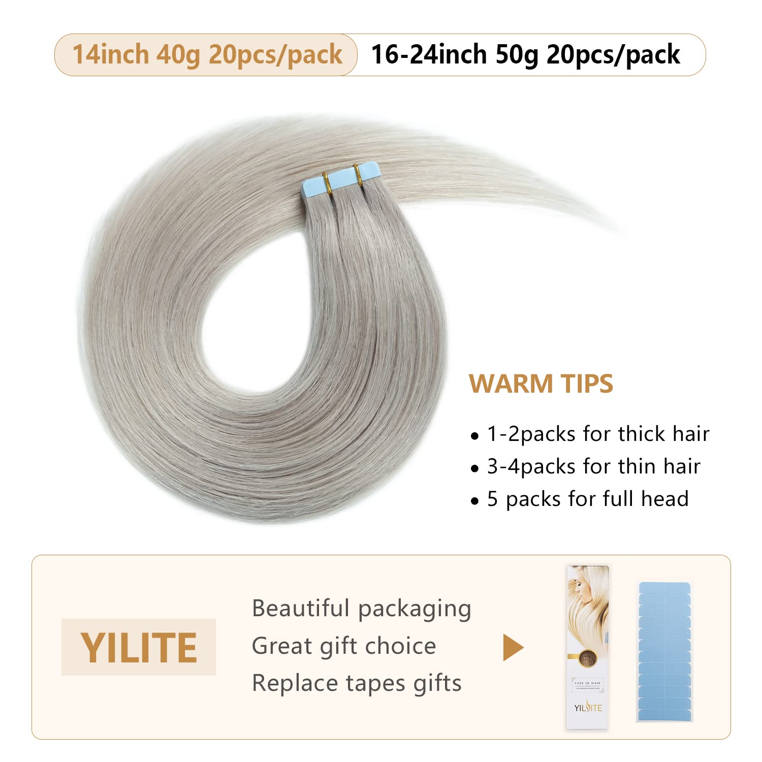 Yilite 20Pieces/Pack Fashion Silver Tape In Hair Extensions Human Hair,12Inch 40G Silver Tape In Human Hair Extensions,Seamless