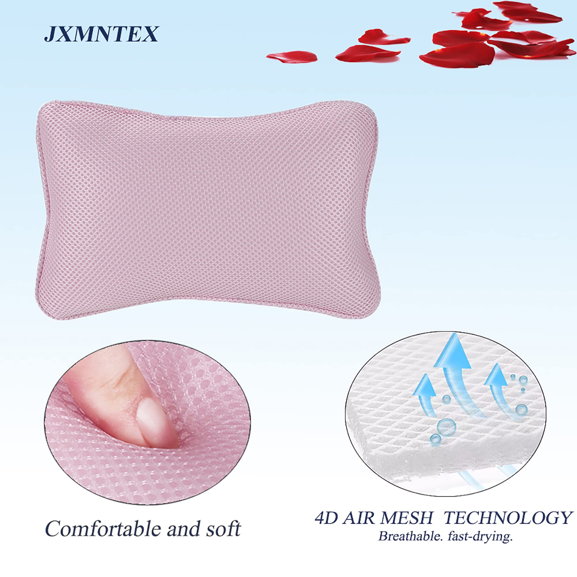 Bath Pillow For Tub, Non Slip With 2 Large Suction Cups, Breathable Soft, Comfortable Head Neck Support, Machine Washable (Pink)