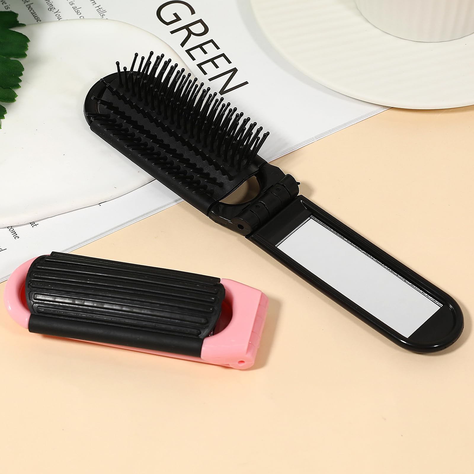 Folding Travel Hair Brush With Mirror, Massage Comb, And Styling Tool - Compact 2 Pack (Black & Pink)