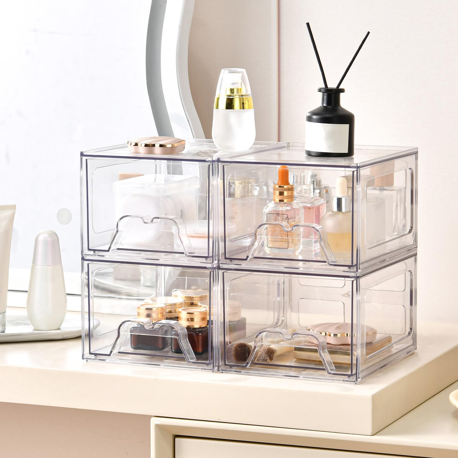 Stebopum 8 Pack Stackable Makeup Organizer, 4.4'' Tall Acrylic Bathroom Makeup Organizer And Storage Drawer With Pull-Out Handle