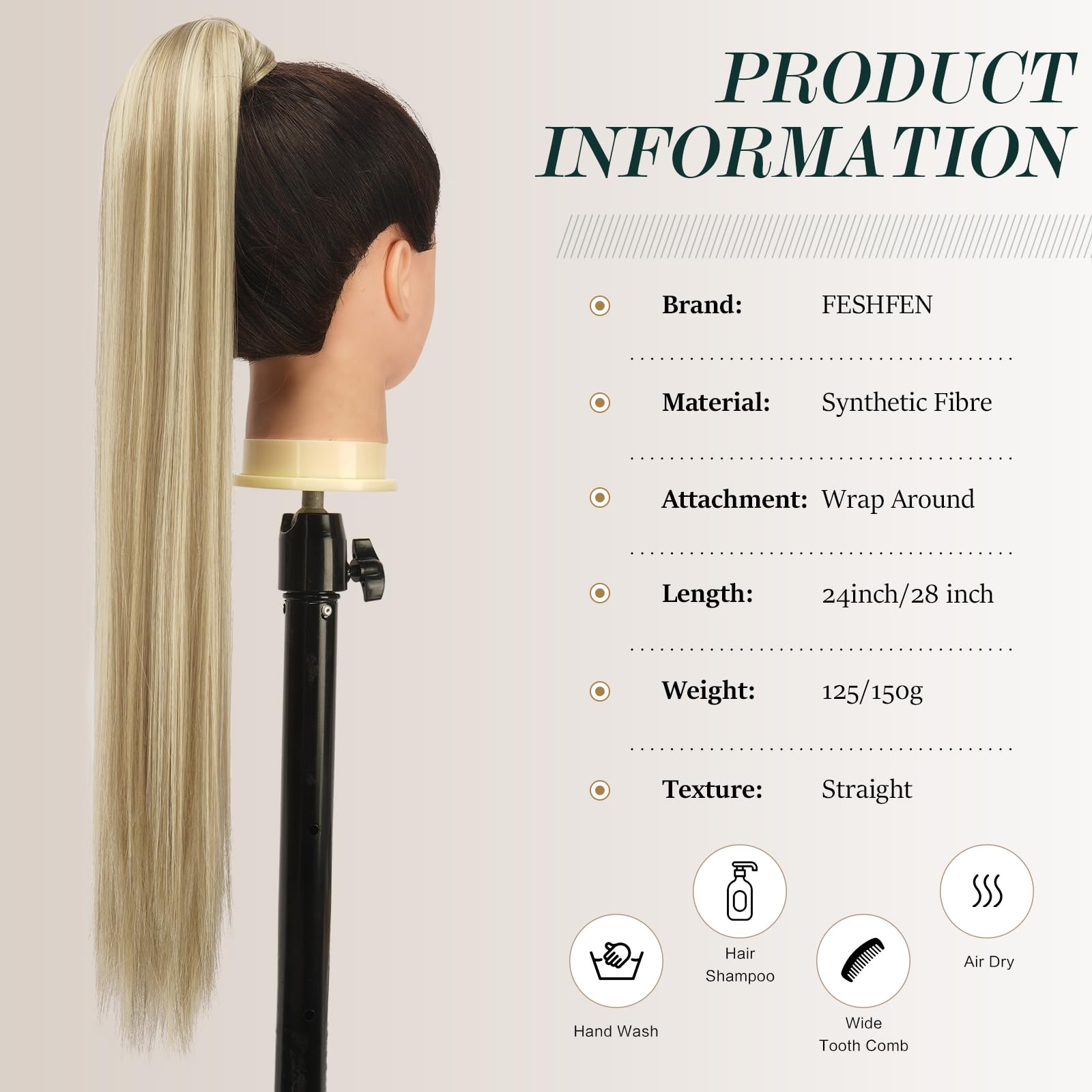 Feshfen Long Straight Ponytail Extensions Wrap Around Clip In Synthetic Ponytails Hair Piece Pony Tails Extensions Hairpieces Fo