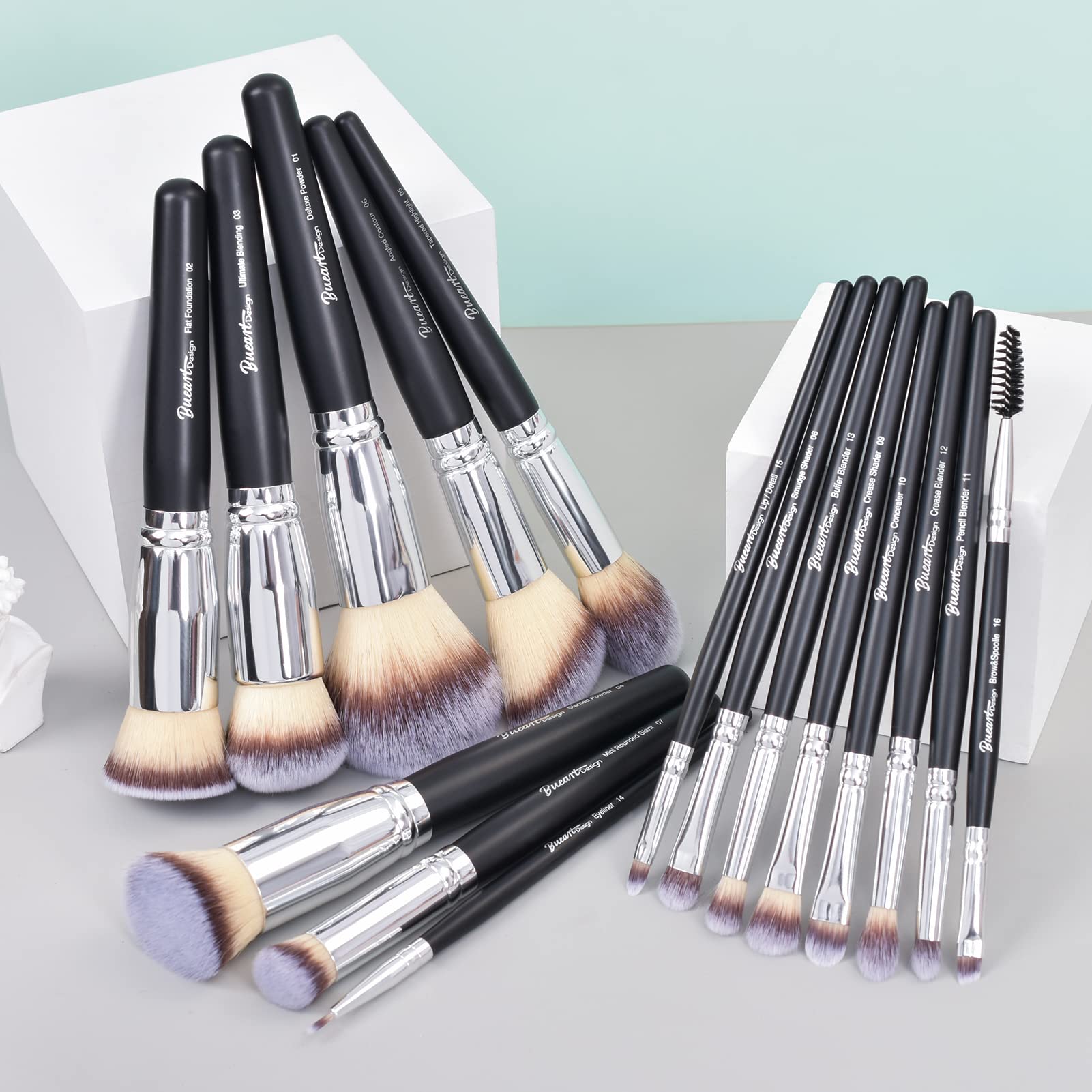 Bueart Design 16Pcs Ultra Soft Black Labeled Makeup Brushes Set Contains Large Powder Flat Foundation Blending Blush Face Contou