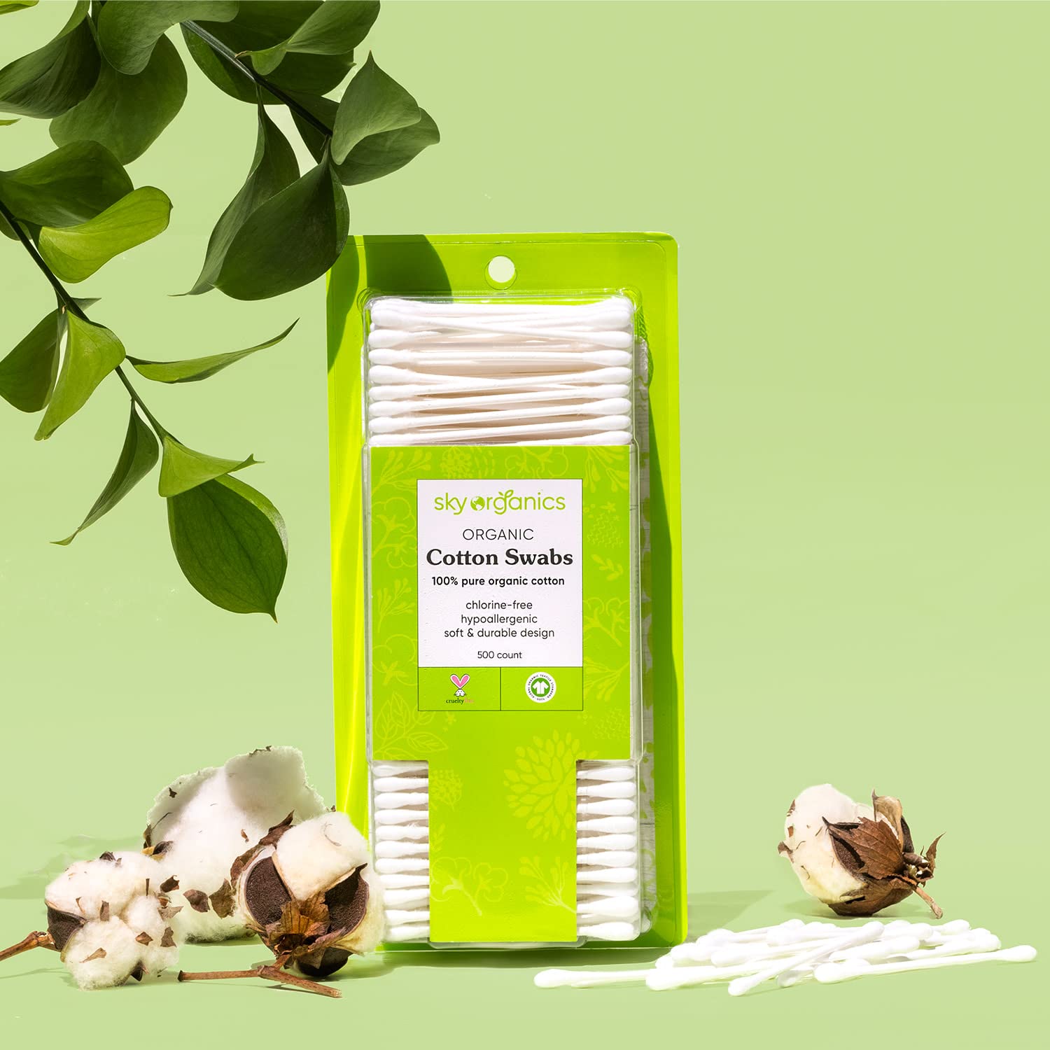 Sky Organics Organnic Cotton Swabs For Sensitive Skin, 100% Pure Gots Certified Organic For Beauty & Personal Care, 500 Ct.
