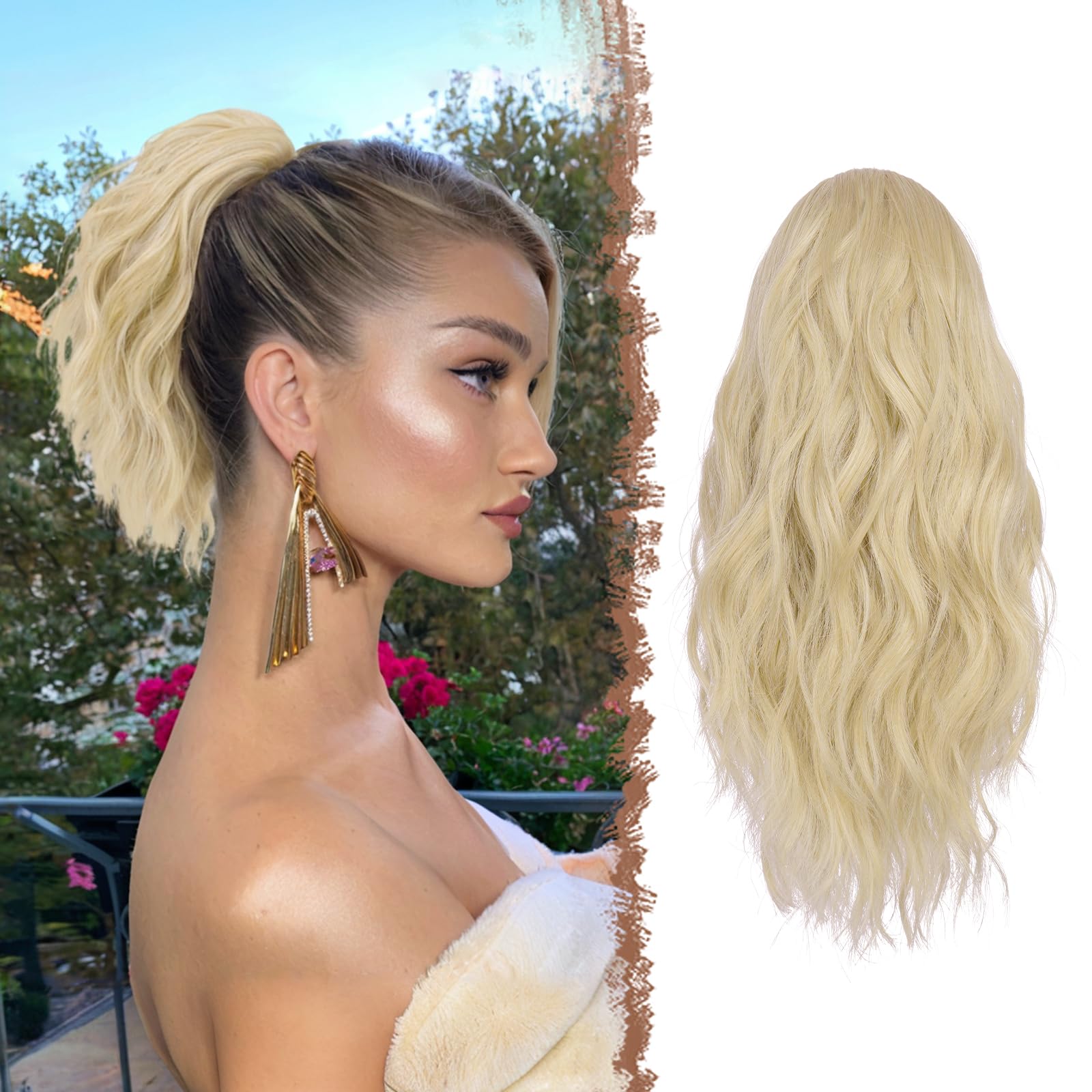 Feshfen Ponytail Extensions, Drawstring Ponytails Hair Extension Ash Blonde Short Curly Wavy Hair Piece Synthetic Blonde Pony Ta
